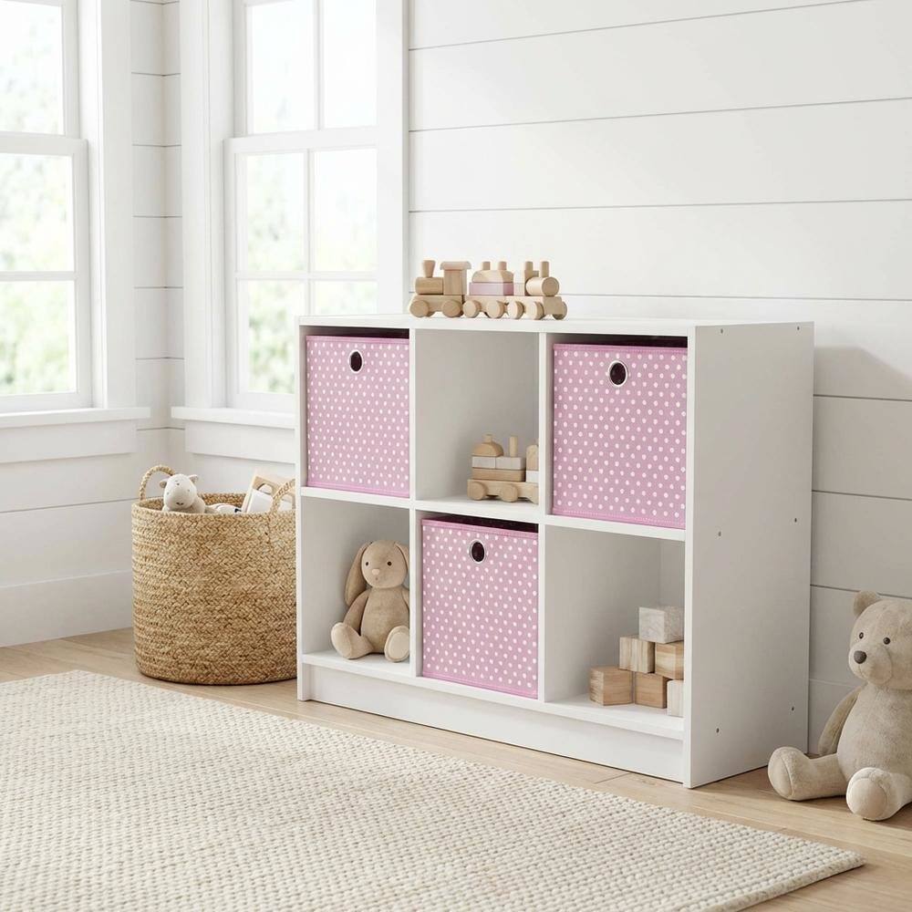 Angle. FurniFact - White and Pink 3x2 Bookcase with Bins for Organizing and Storage - White/Pink.