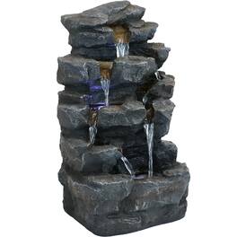 Sunnydaze - Polyresin Grotto Falls Water Fountain with LED Lights - 24 in - Gray
