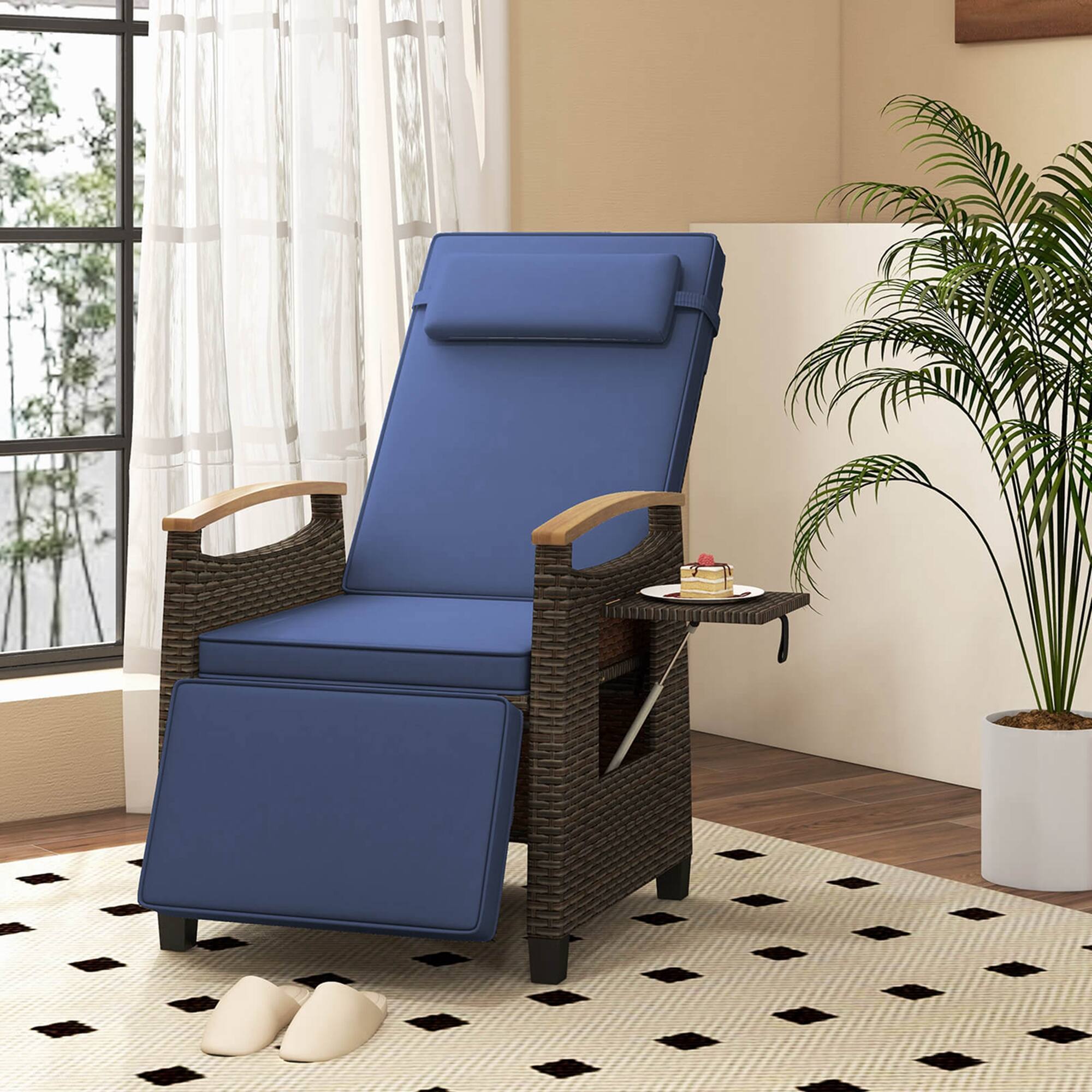 Alt View 2. Costway - 1 PCS Patio Wicker Recliner Chair with Adjustable Backrest Footrest Flip Side Table - Navy.