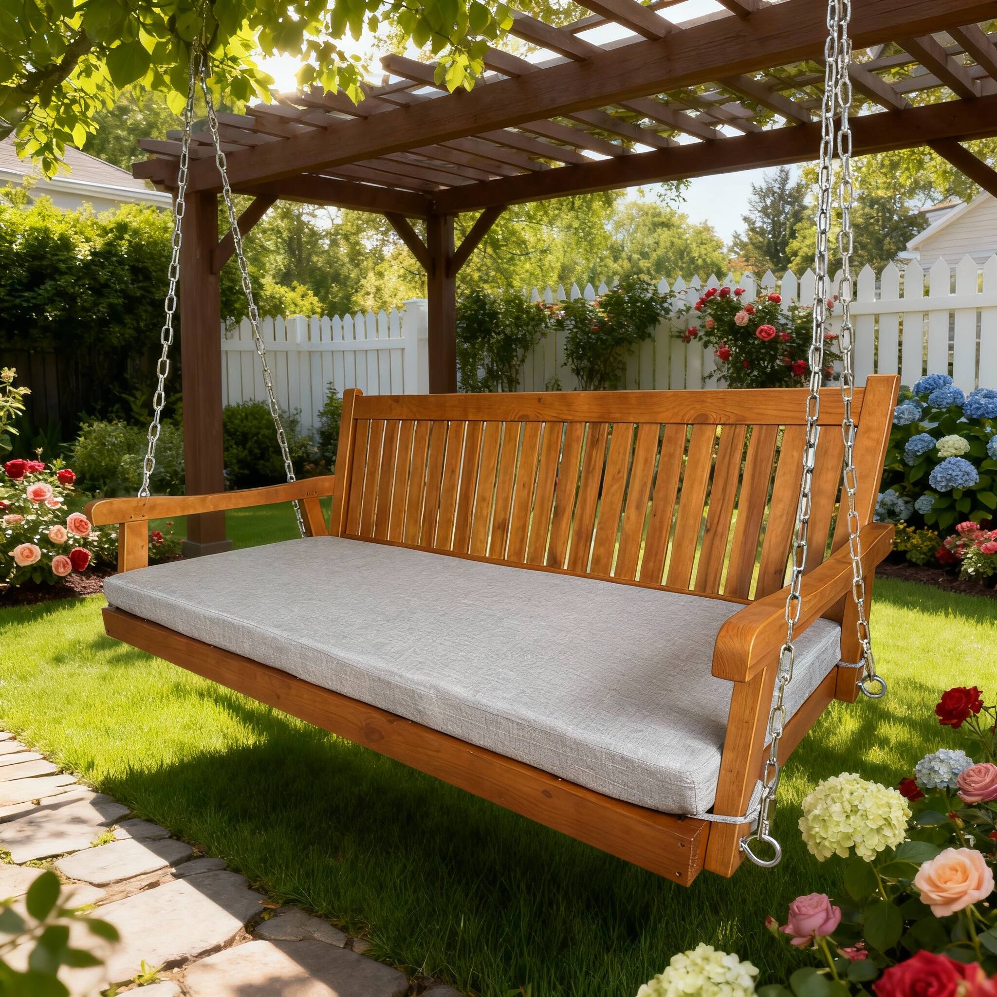 Front. Fortune Candy - 6FT Wooden Porch Swing Bed with Cushion, Solid Fir Frame, Weather-Resistant Outdoor Hanging Daybed, Heavy-Duty 1000LBS - Teak Tone.