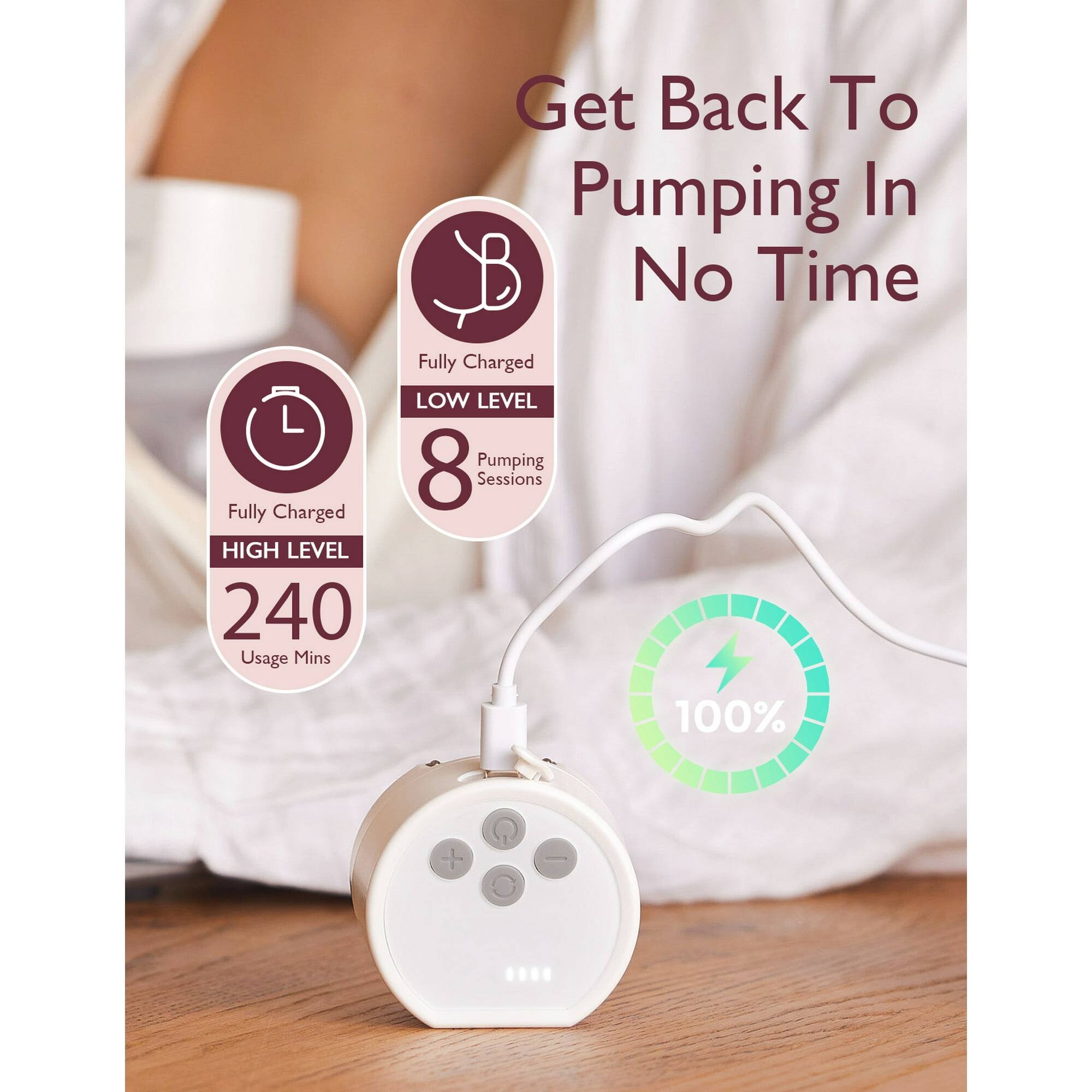 Fully Charged  
HIGH LEVEL  
240 Usage Mins  
Fully Charged  
LOW LEVEL  
8 Pumping Sessions  
100%  

Get Back To Pumping In No Time