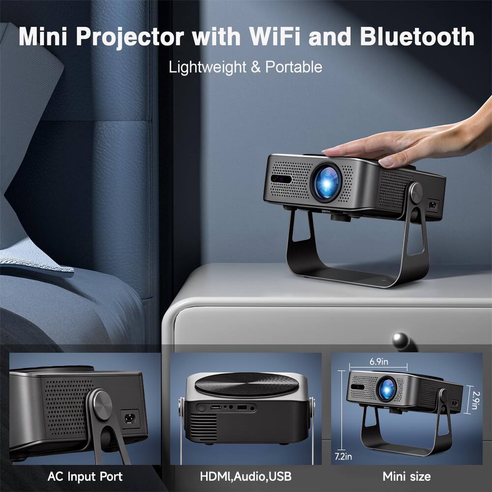 Mini Projector with WiFi and Bluetooth  
Lightweight & Portable  

6.9in  
2.9in  
7.2in  

AC Input Port  
HDMI, Audio, USB  

Mini size