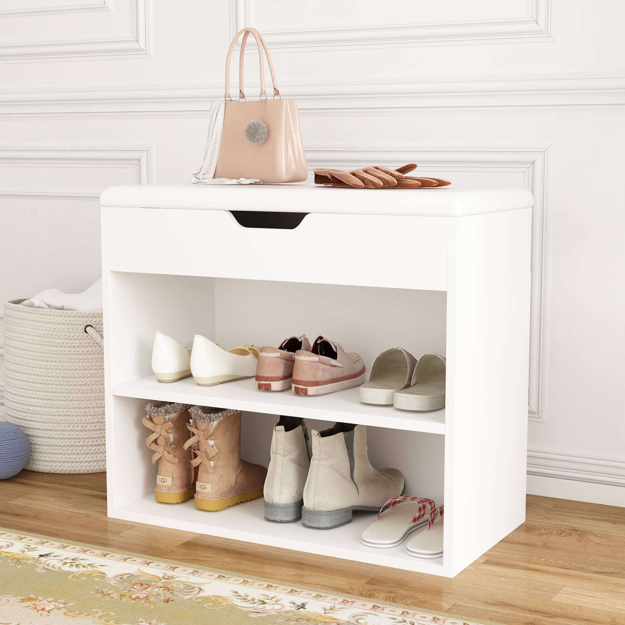 Alt View 5. FUFU&GAGA - Small Shoe Bench with Storage Box and Rack – Space-Saving Entryway Organizer - White.