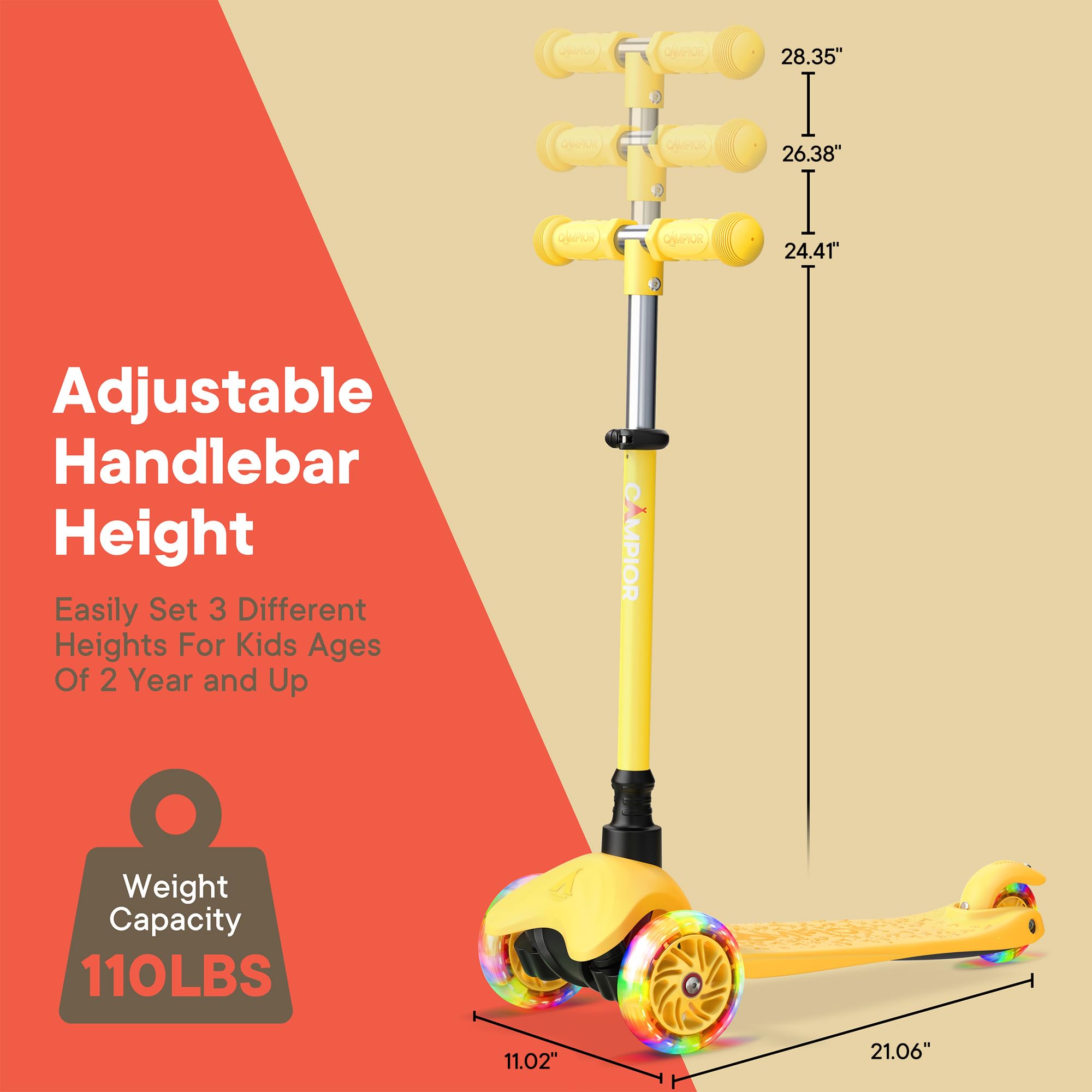 CAMPIOR 28.35" CAPOR 26.38" D Qurtul CuPIus 24.41" D Adjustable Handlebar Height Easily Set 3 Different Heights For Kids Ages Of 2 Year and Up AMPIOR Weight Capacity 110LBS 11.02" 21.06"