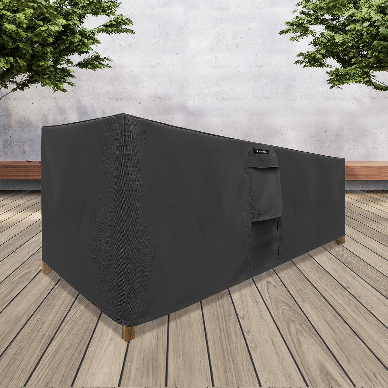 Angle. KHOMO GEAR - Square Table Cover - Waterproof, Heavy-Duty Outdoor Furniture Cover Fits Patio Coffee - 70x25x34 - Black.