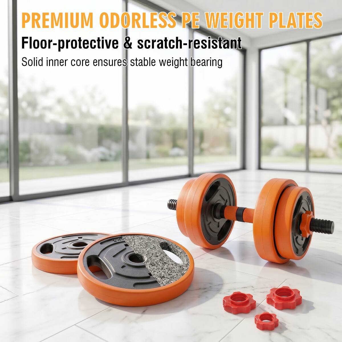 PREMIUM ODORLESS PE WEIGHT PLATES  
Floor-protective & scratch-resistant  
Solid inner core ensures stable weight bearing