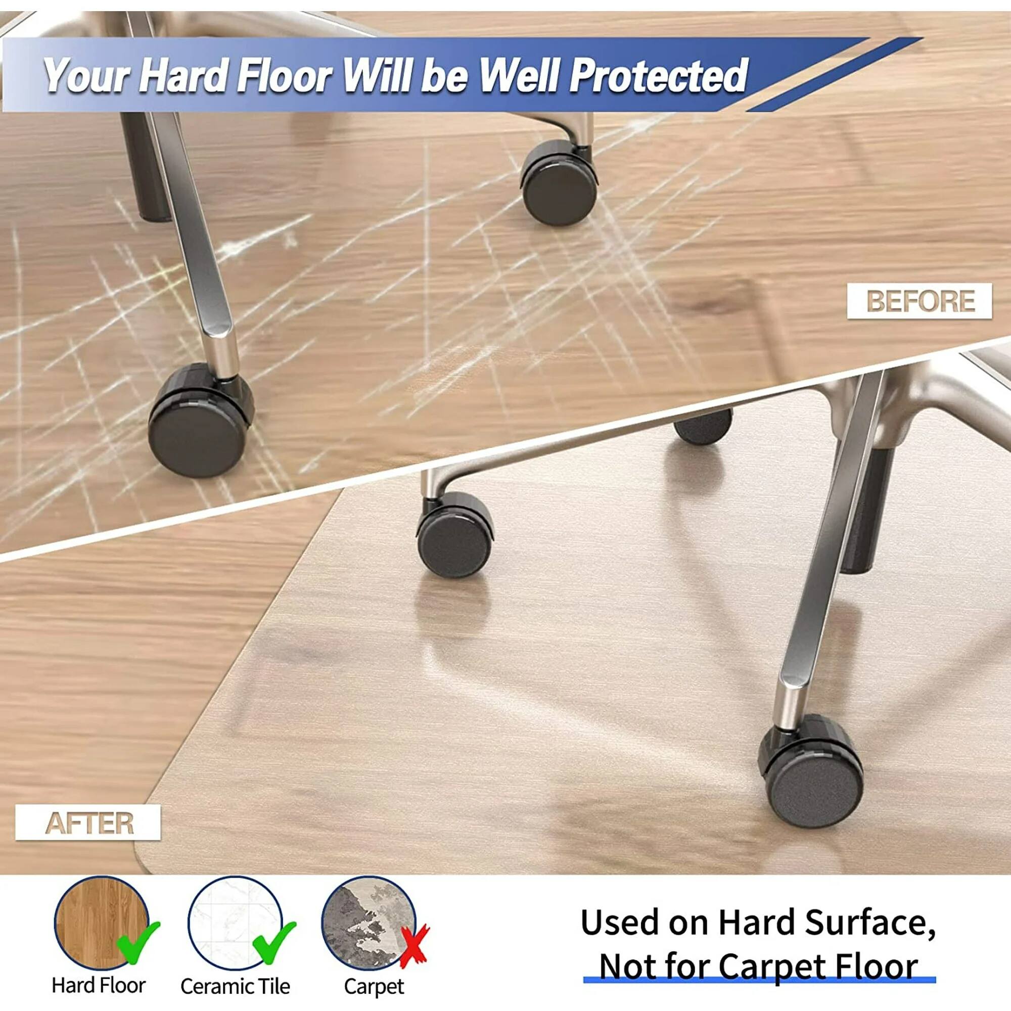 Your Hard Floor Will be Well Protected

BEFORE

AFTER

Used on Hard Surface, Not for Carpet Floor

Hard Floor ✔️  
Ceramic Tile ✔️  
Carpet ❌
