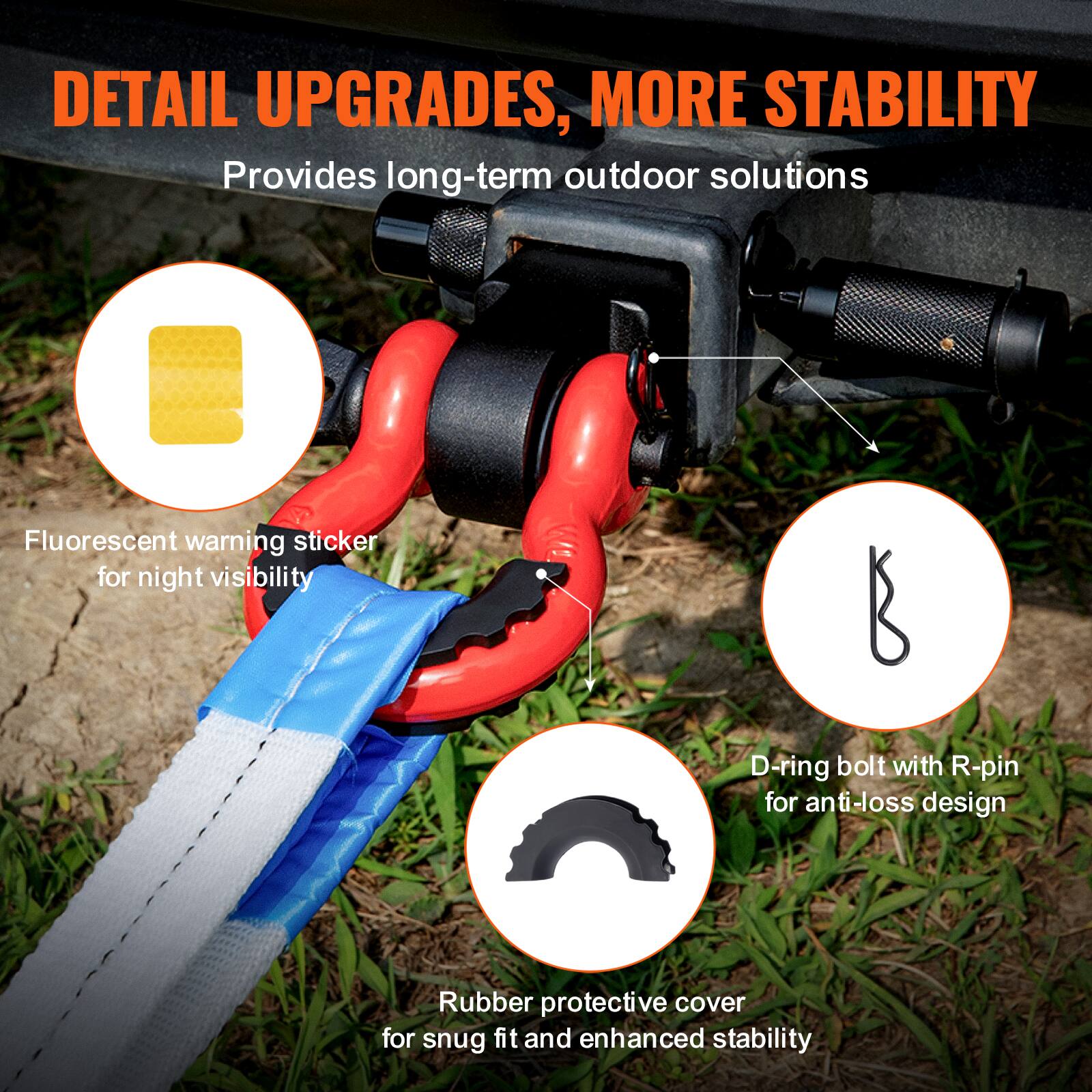 DETAIL UPGRADES, MORE STABILITY  
Provides long-term outdoor solutions  

- Fluorescent warning sticker for night visibility  
- D-ring bolt with R-pin for anti-loss design  
- Rubber protective cover for snug fit and enhanced stability