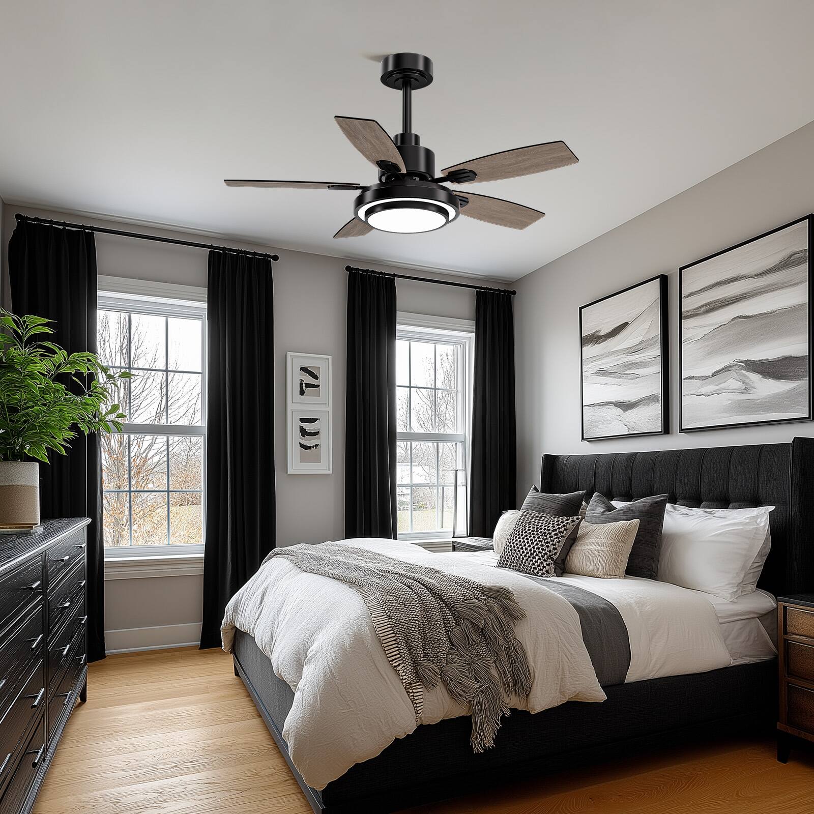 Back. Siljoy - 42 Inch Black Flush Mount Ceiling Fan with LED Lights, Remote, Reversible DC Motor,  Timer – for Bedroom & Living Room - Black.
