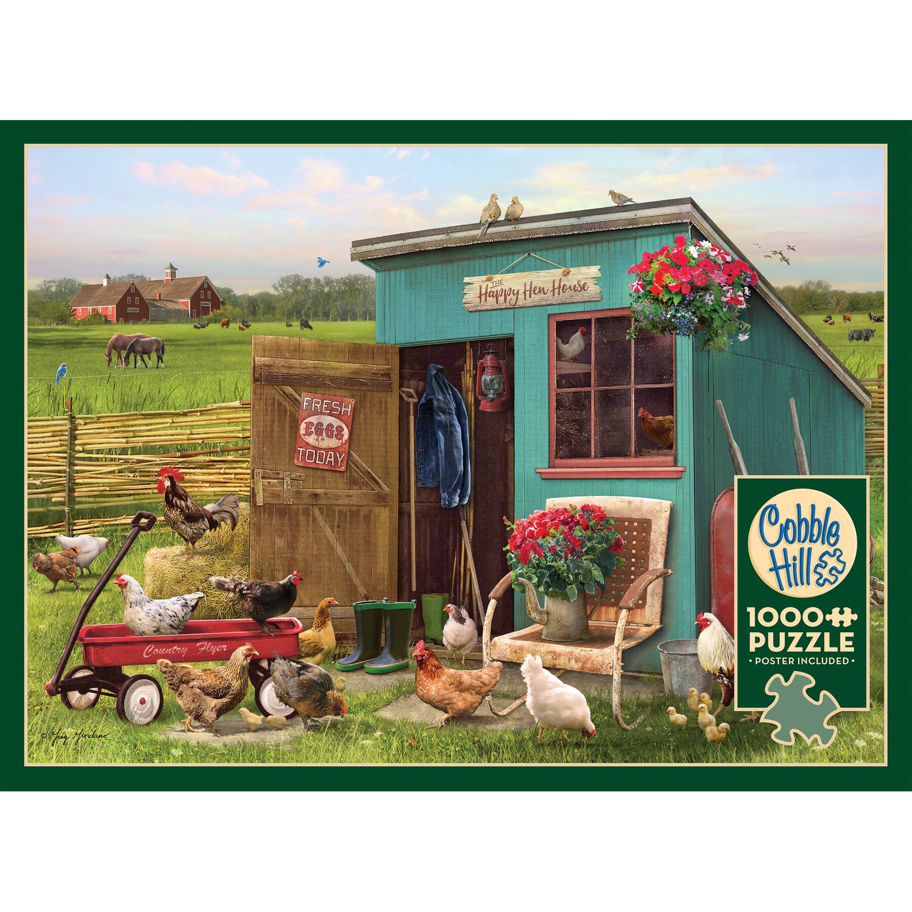 The text on the image reads: "Happy Hen House Fresh Eggs Today Country Hollow Cobble Hill 1000+ Puzzle Poster Included."