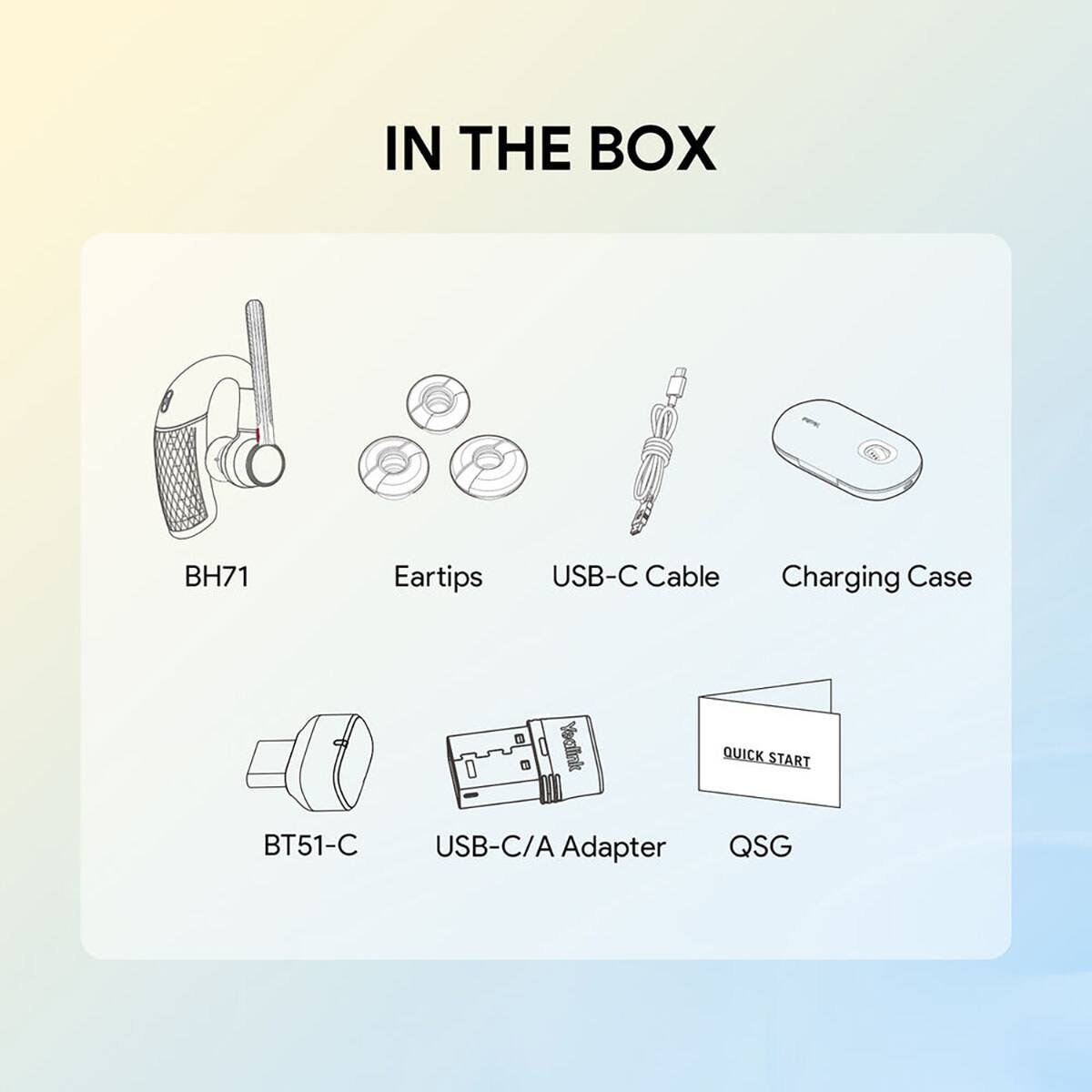 IN THE BOX

- BH71
- Eartips
- USB-C Cable
- Charging Case
- BT51-C
- Yealink USB-C/A Adapter
- QUICK START QSG
