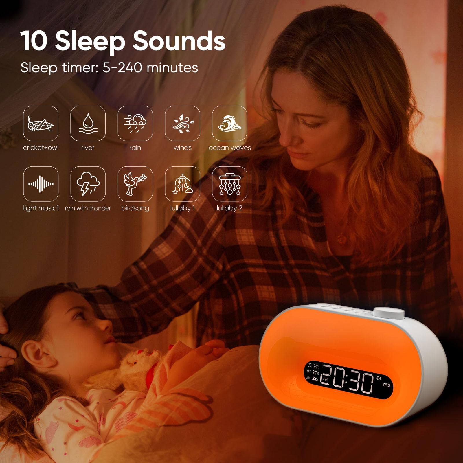 10 Sleep Sounds  
Sleep timer: 5–240 minutes  

- cricket+owl  
- river  
- rain  
- winds  
- ocean waves  
- light music 1  
- rain with thunder  
- birdsong  
- lullaby 1  
- lullaby 2  

20:30 PM  
WED