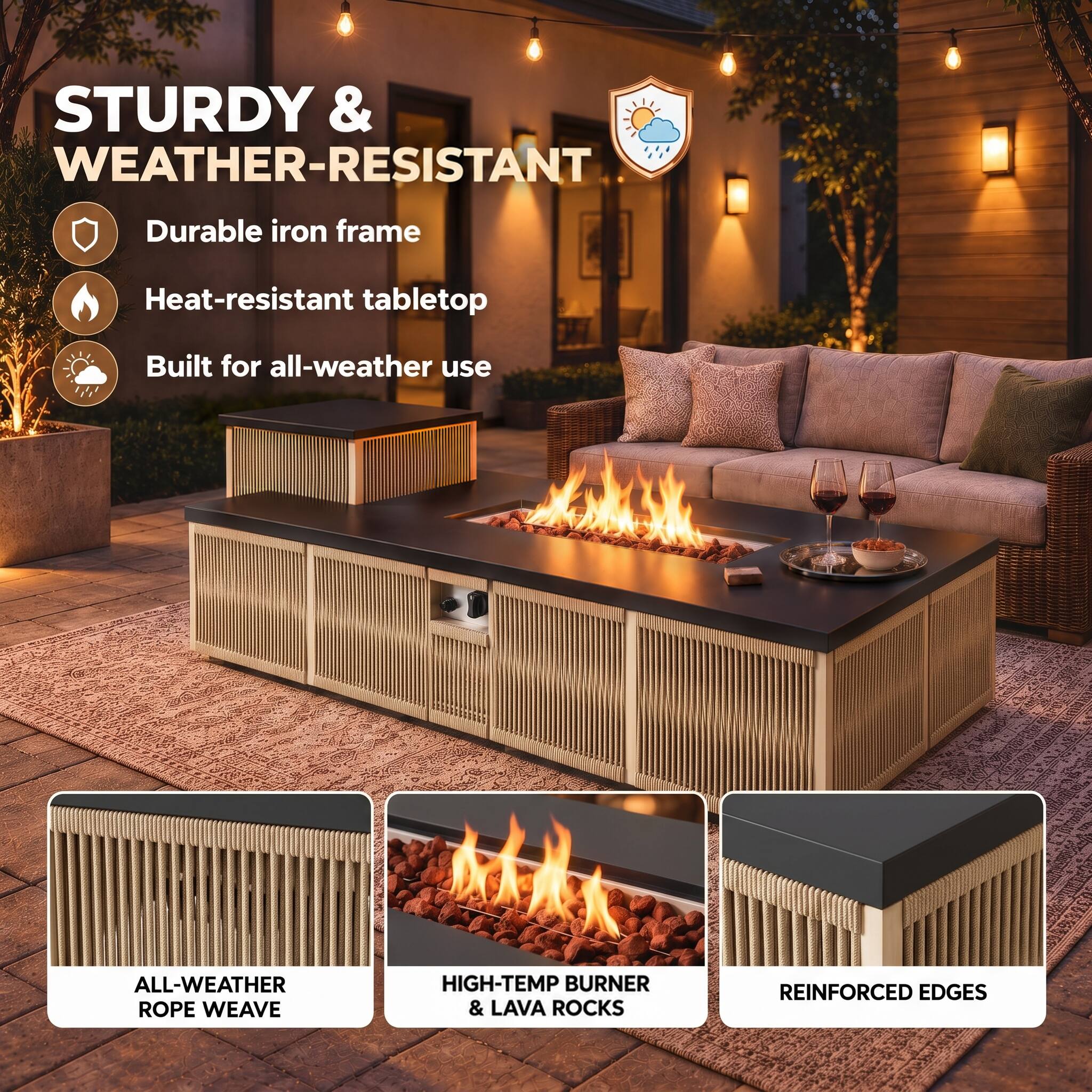 STURDY & WEATHER-RESISTANT

- Durable iron frame
- Heat-resistant tabletop
- Built for all-weather use

ALL-WEATHER ROPE WEAVE

HIGH-TEMP BURNER & LAVA ROCKS

REINFORCED EDGES