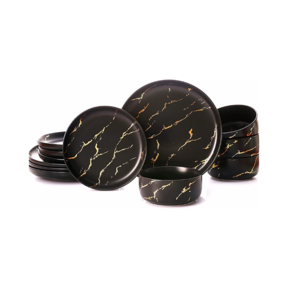 Front. Bits Burst - Gold Splash Modern Dinnerware Set - Black - Black.