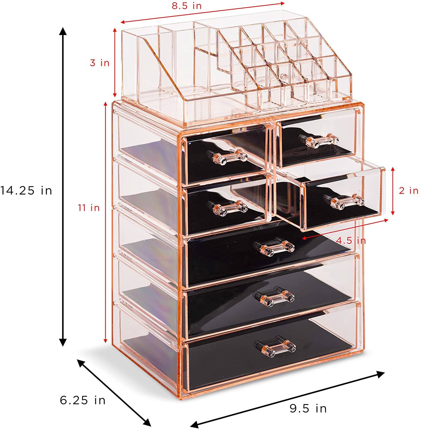 - Height: 14.25 in
- Width: 9.5 in
- Depth: 8.5 in
- Shelf Height: 3 in
- Shelf Depth: 4.5 in
- Drawer Height: 2 in
- Drawer Width: 11 in
- Drawer Depth: 6.25 in