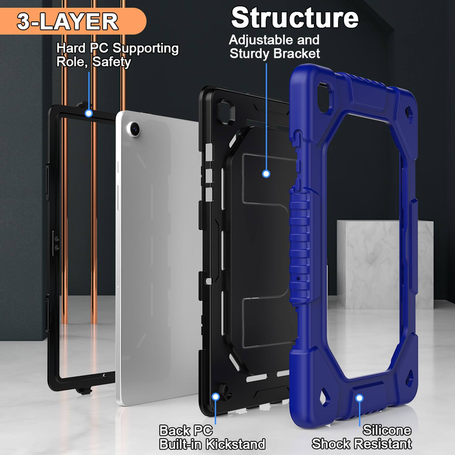 3-LAYER Structure

- Hard PC Supporting Role, Safety
- Adjustable and Sturdy Bracket
- Back PC Built-in Kickstand
- Silicone Shock Resistant