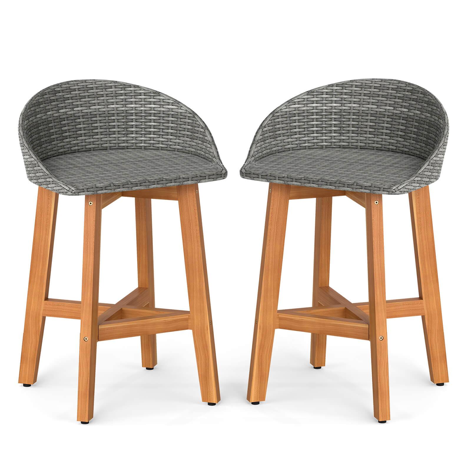 Front. Costway - Costway Outdoor Faux Rattan Bar Chairs Set of 2 Solid Acacia Wood Bar Stools for Porch - Gray.
