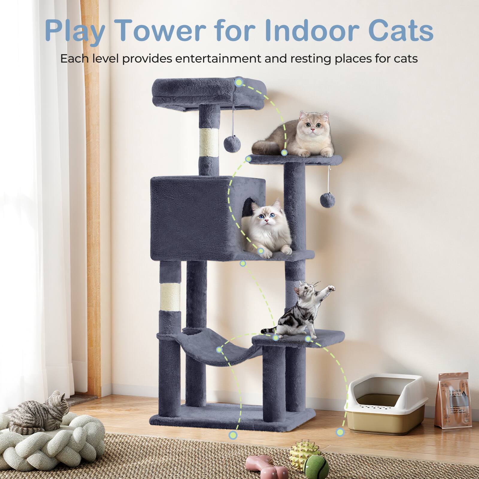Play Tower for Indoor Cats  
Each level provides entertainment and resting places for cats