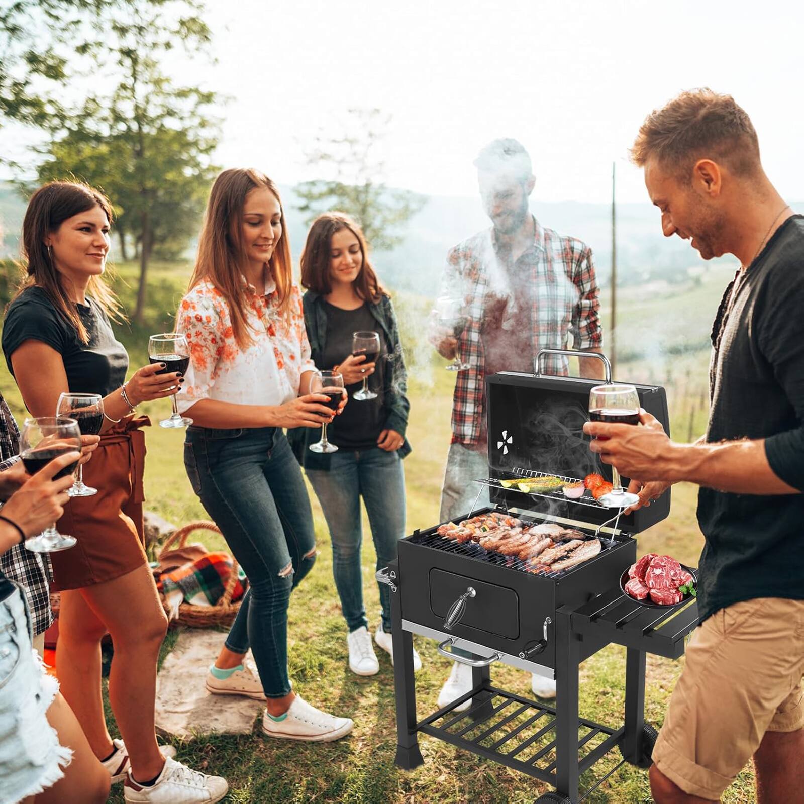 Alt View 7. Chateau Abodes - Large Barrel Charcoal Grill, 794 sq in Cooking Area with Adjustable Tray & Foldable Side Table - Black.