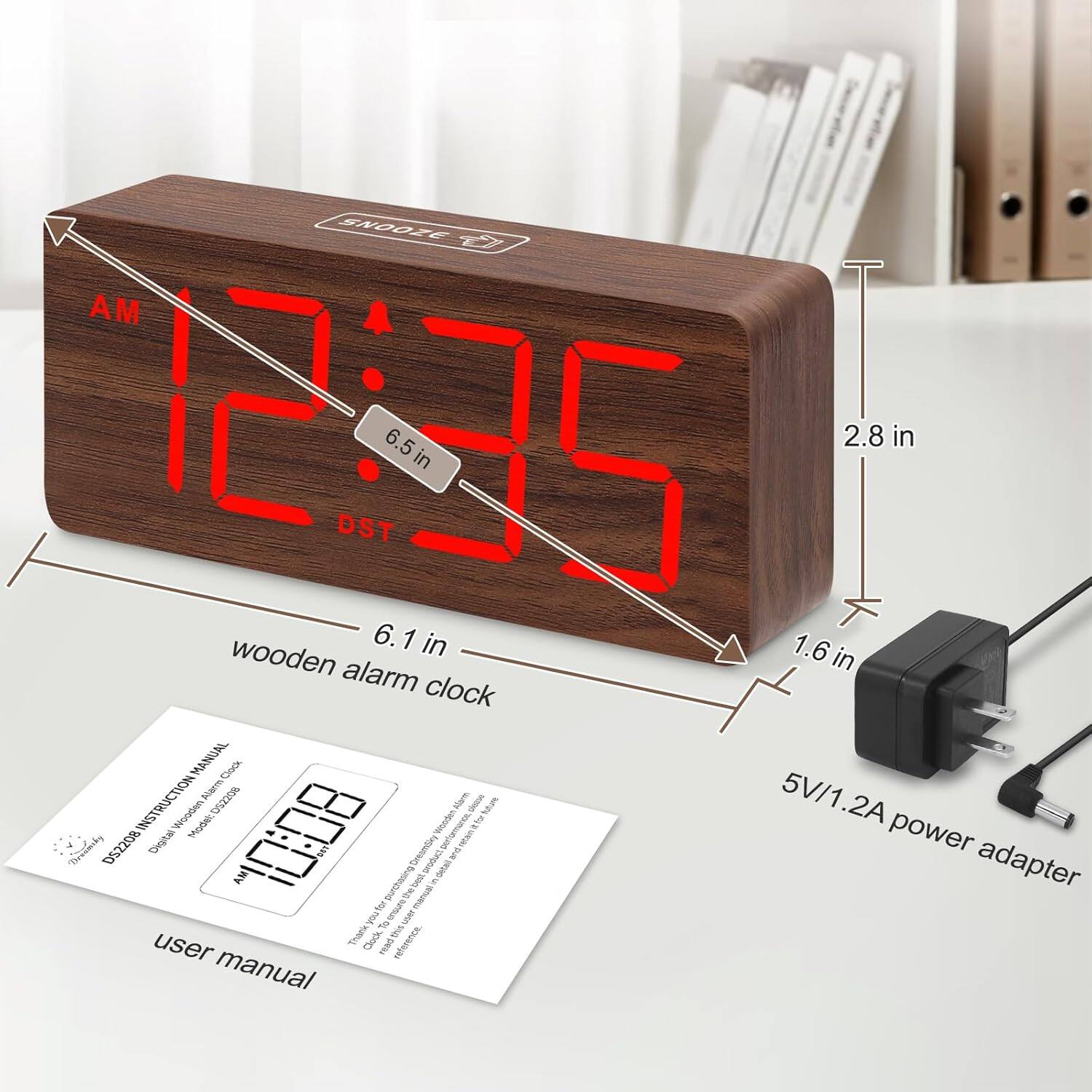 Snooze AM 15 DST 6.5 in 2.8 in 6.1 in 1.6 wooden alarm clock MANUAL Cock INSTRUCTION Marm Marm 5V/1.2A Wooden Digital 80:0 S Gnuminy petumerts i power srofedl anS AM Sunezus thebet 5 manul E etal adapter 2 ehsd not F Thank Clock this user TUNS Hernca. manual