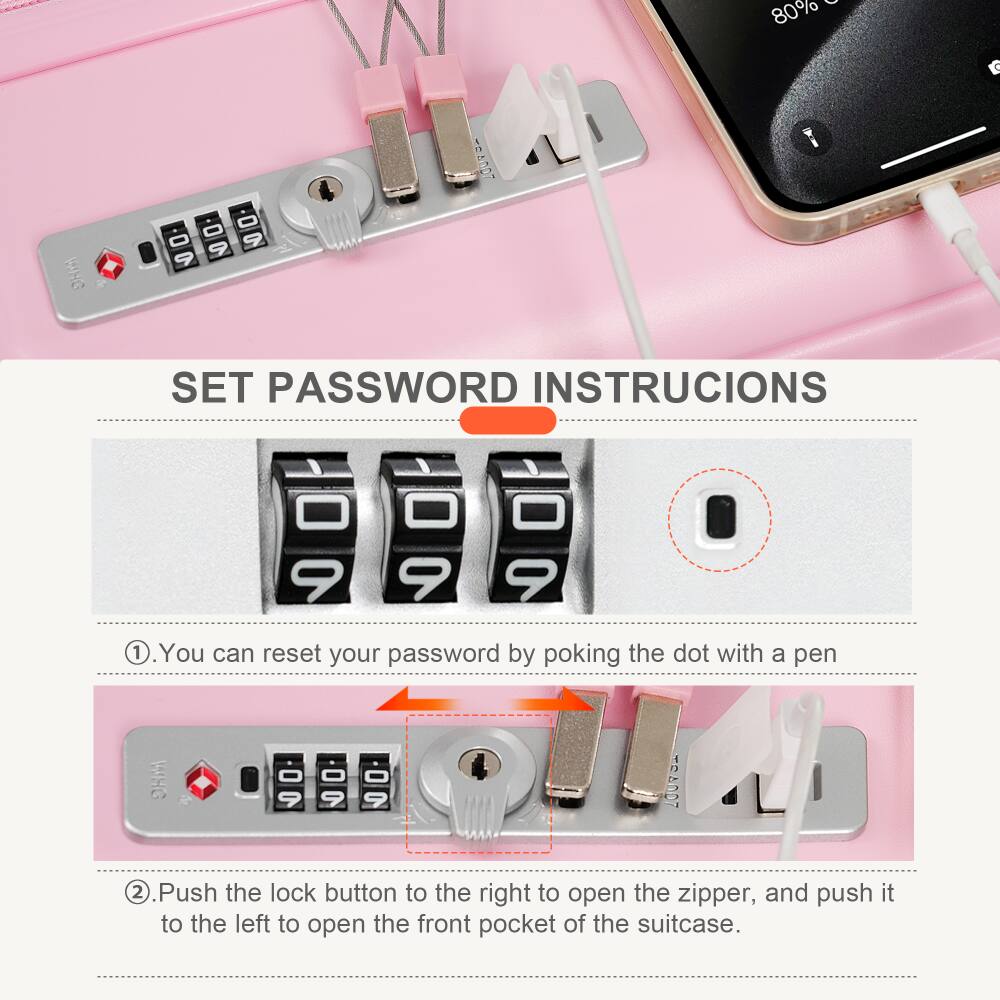 SET PASSWORD INSTRUCTIONS

1. You can reset your password by poking the dot with a pen.

2. Push the lock button to the right to open the zipper, and push it to the left to open the front pocket of the suitcase.