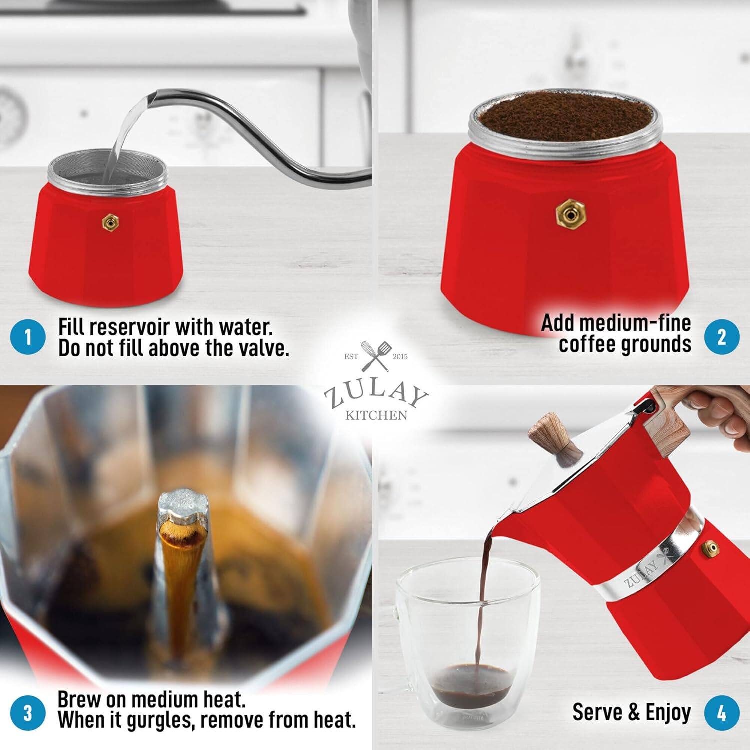 1. Fill reservoir with water. Do not fill above the valve.

2. Add medium-fine coffee grounds

3. Brew on medium heat. When it gurgles, remove from heat.

4. Serve & Enjoy