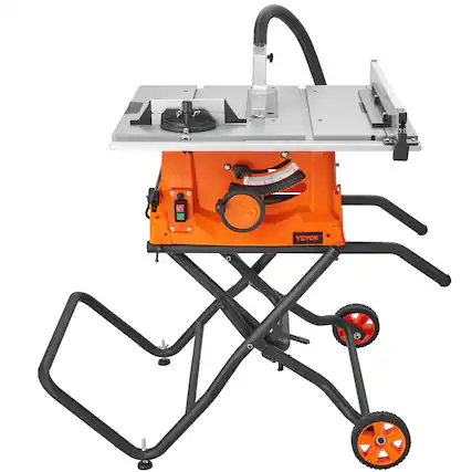 Front. VEVOR - Table Saw with Stand, 10-inch 15-Amp, Max Rip 25-in, Speed to 5000RPM, 40T Blade, Compact Portable Jobsite Saw - Black;Orange;Silver.