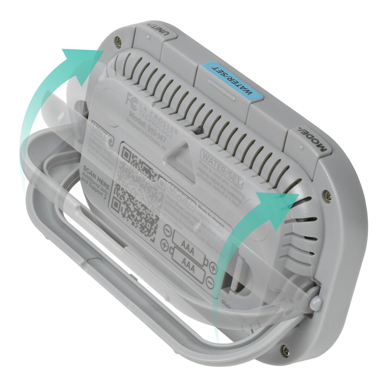 UNITA SET WATER WA FC LA  
Model: CROSSE CNIO in 919-147  
Po La Hod sn Crosse  

Press and Additional SCAN HERE  
scheduler, Hold WATER/SET M t adut 1A the ae Support Info. detaut i widaring > Doys MODE) 1 Since oays Victering c Lost  
Val Schedule 1ed -  
Models + AAA  
AAA + MODE/- Made