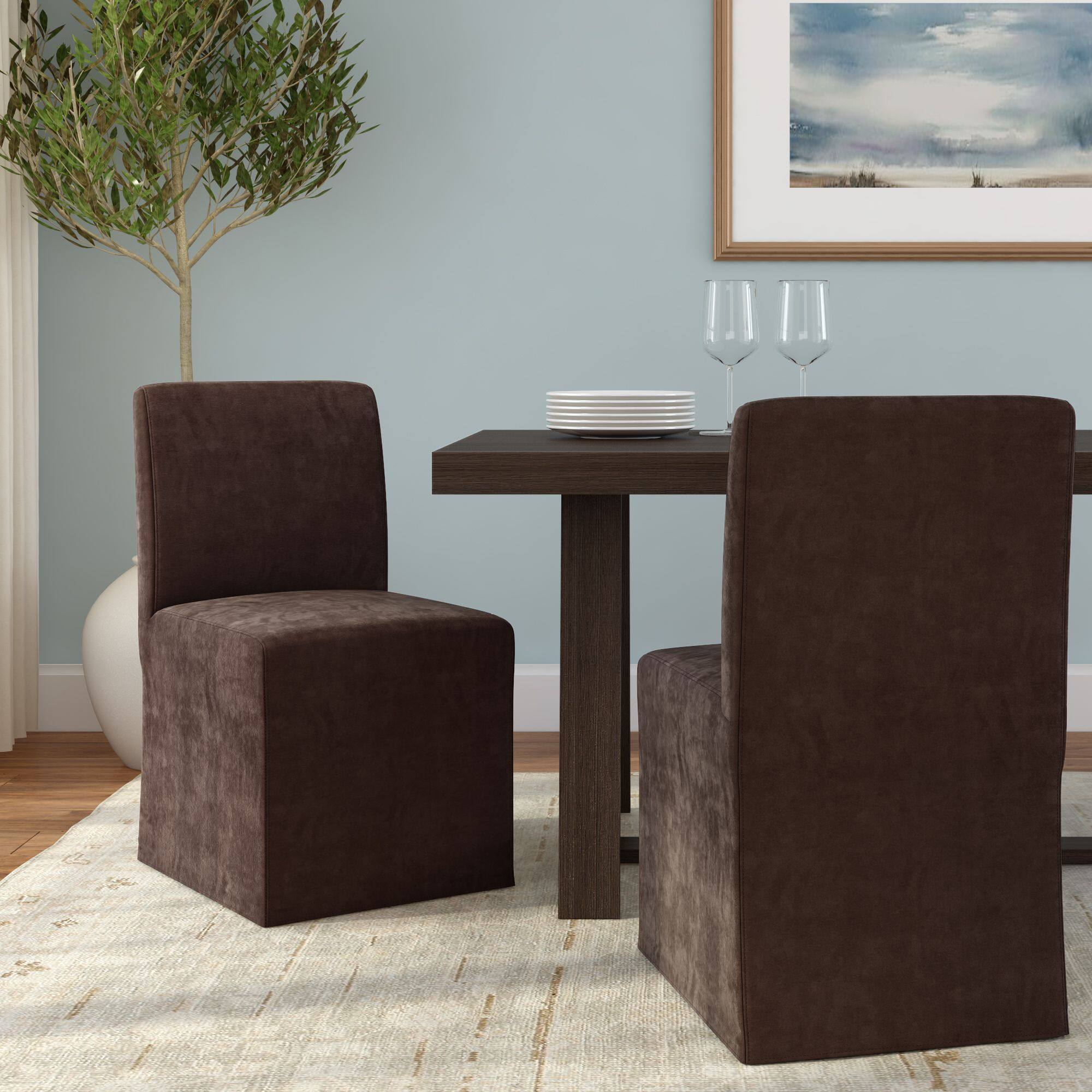 Alt View 1. Plank+Beam - Chesnee Dining Chair with Long Slipcover, Chocolate MB2405-09 (2 Pack) - Chocolate.