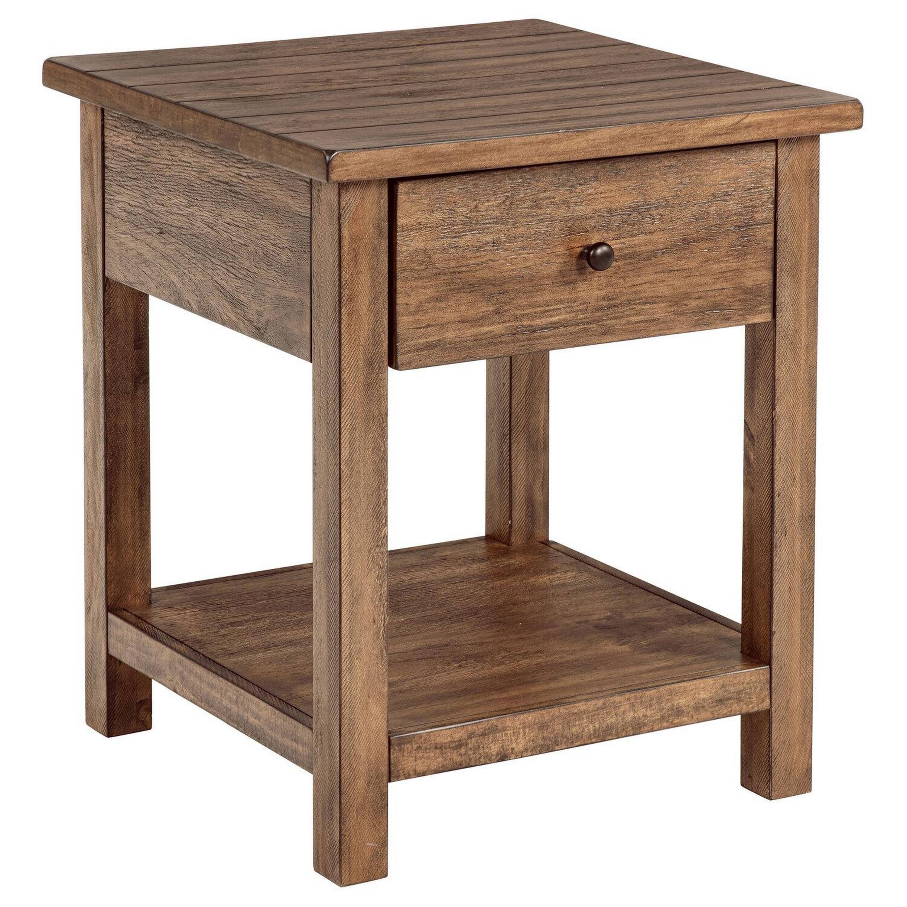 Front. Manhattan Lane - Ayne Side End Table, 1 Shelf, 1 Drawer, Wood, Square 20 Inch - Brown, Black.