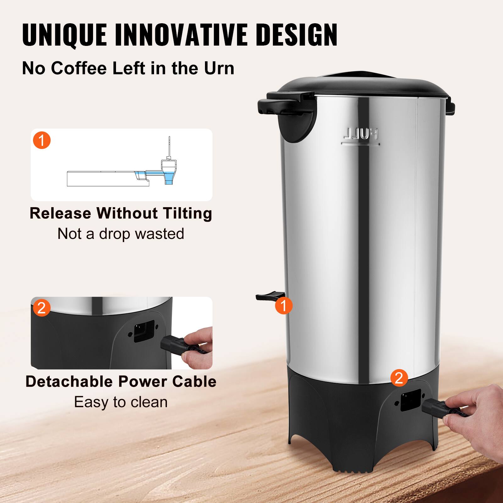 UNIQUE INNOVATIVE DESIGN  
No Coffee Left in the Urn

1. Release Without Tilting  
   Not a drop wasted

2. Detachable Power Cable  
   Easy to clean