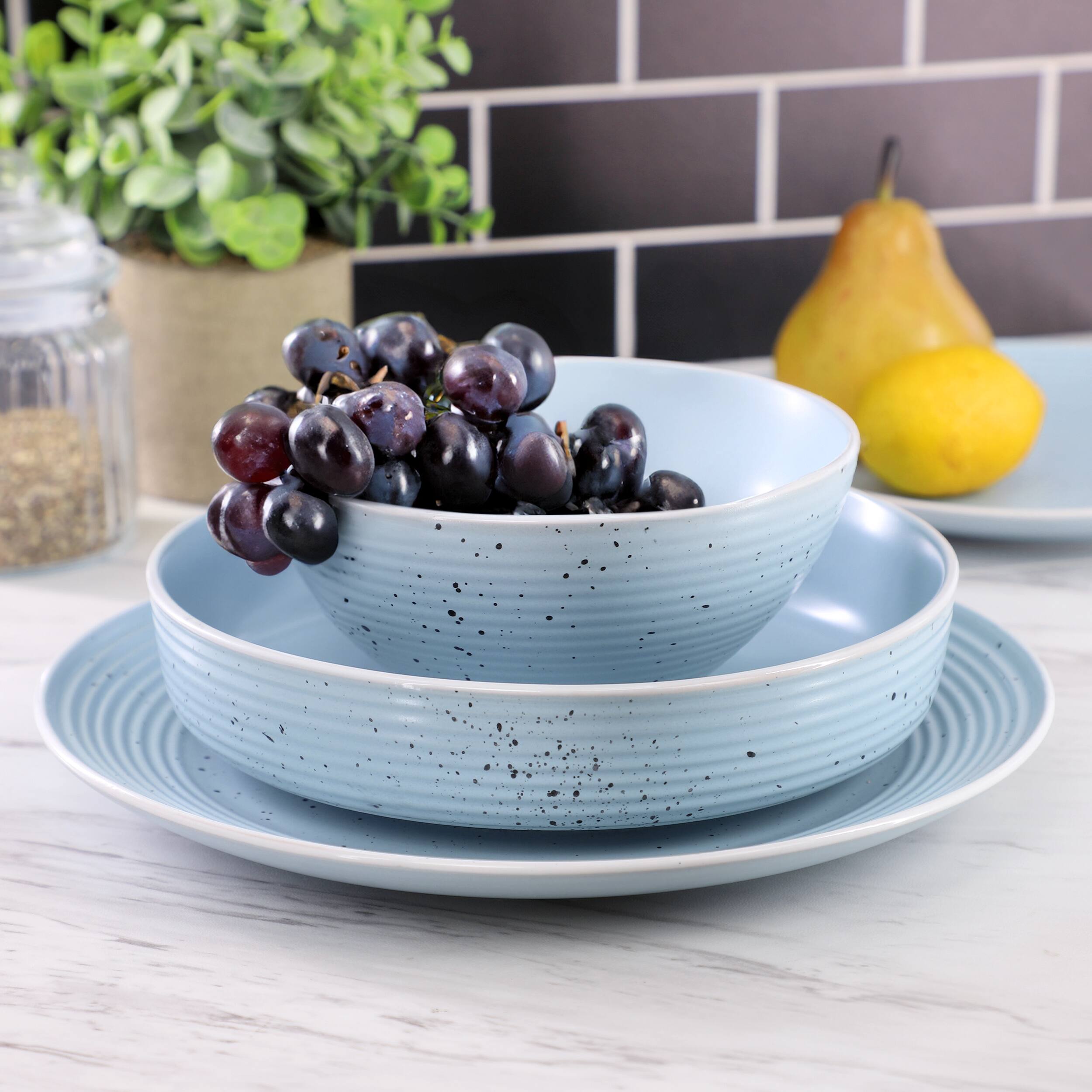 Alt View 6. Elama - Elama Emilia 16 Piece Double Bowl Stoneware Dinnerware Set in Light Blue - Light Blue.