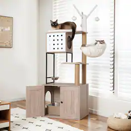 Yardgrace - Modern Cat Tree with Hidden Litter Box Gray Cat Condo with Scratching Posts and Feeding Bowls - Brown