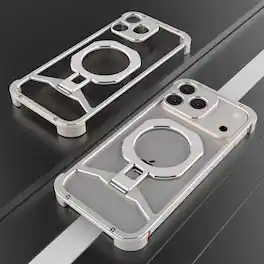 Dteck - Rugged Bumper Case for Apple iPhone 17 Pro Max with Ring Kickstand, Ultra-Thin Shockproof Magnetic Aluminum Frame Cover - Silver