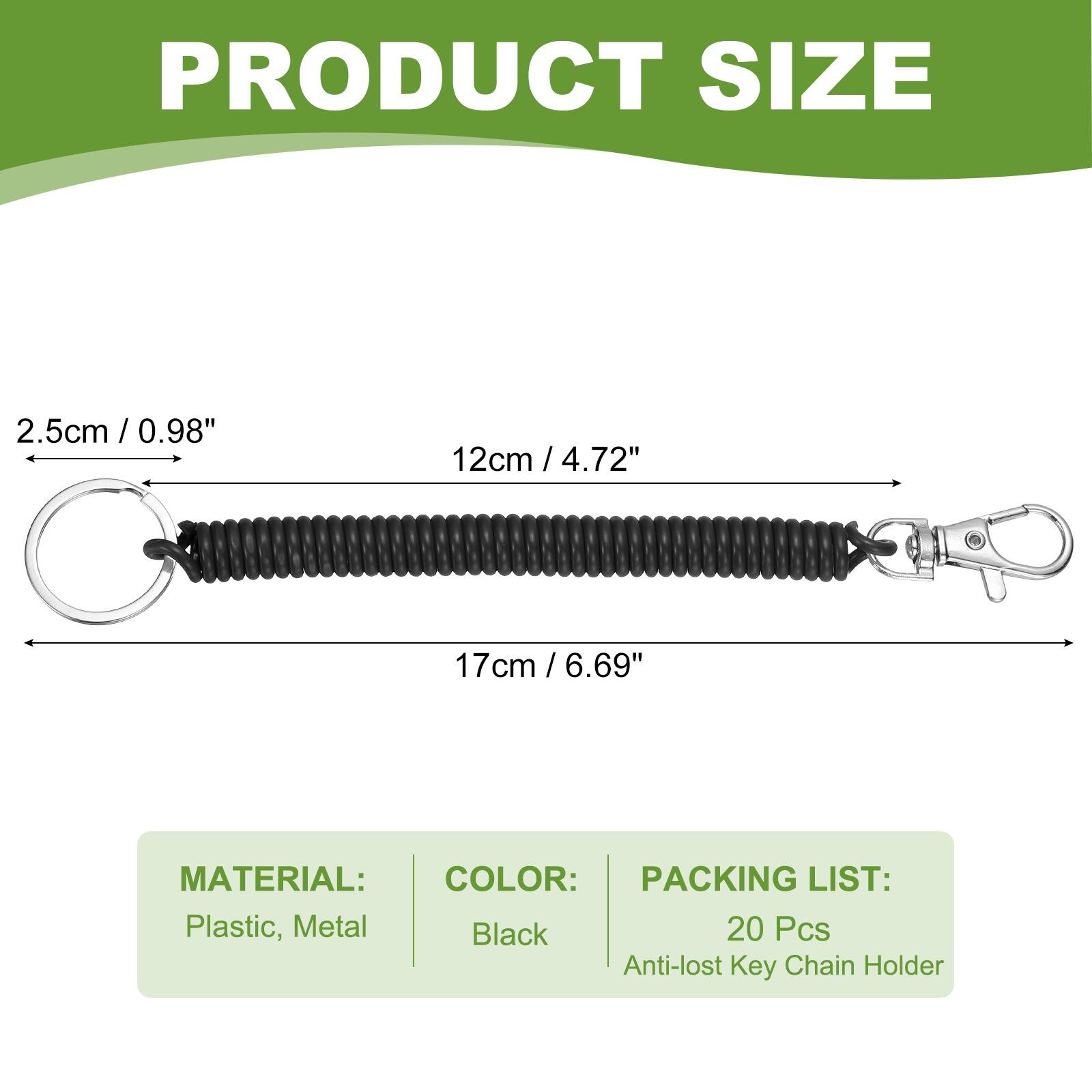 PRODUCT SIZE  
2.5cm / 0.98"  
12cm / 4.72"  
17cm / 6.69"  

MATERIAL:  
Plastic, Metal  

COLOR:  
Black  

PACKING LIST:  
20 Pcs  
Anti-lost Key Chain Holder