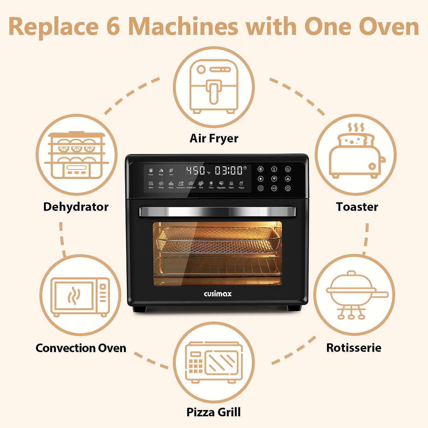Replace 6 Machines with One Oven

- Air Fryer
- Dehydrator
- Convection Oven
- Pizza Grill
- Rotisserie
- Toaster