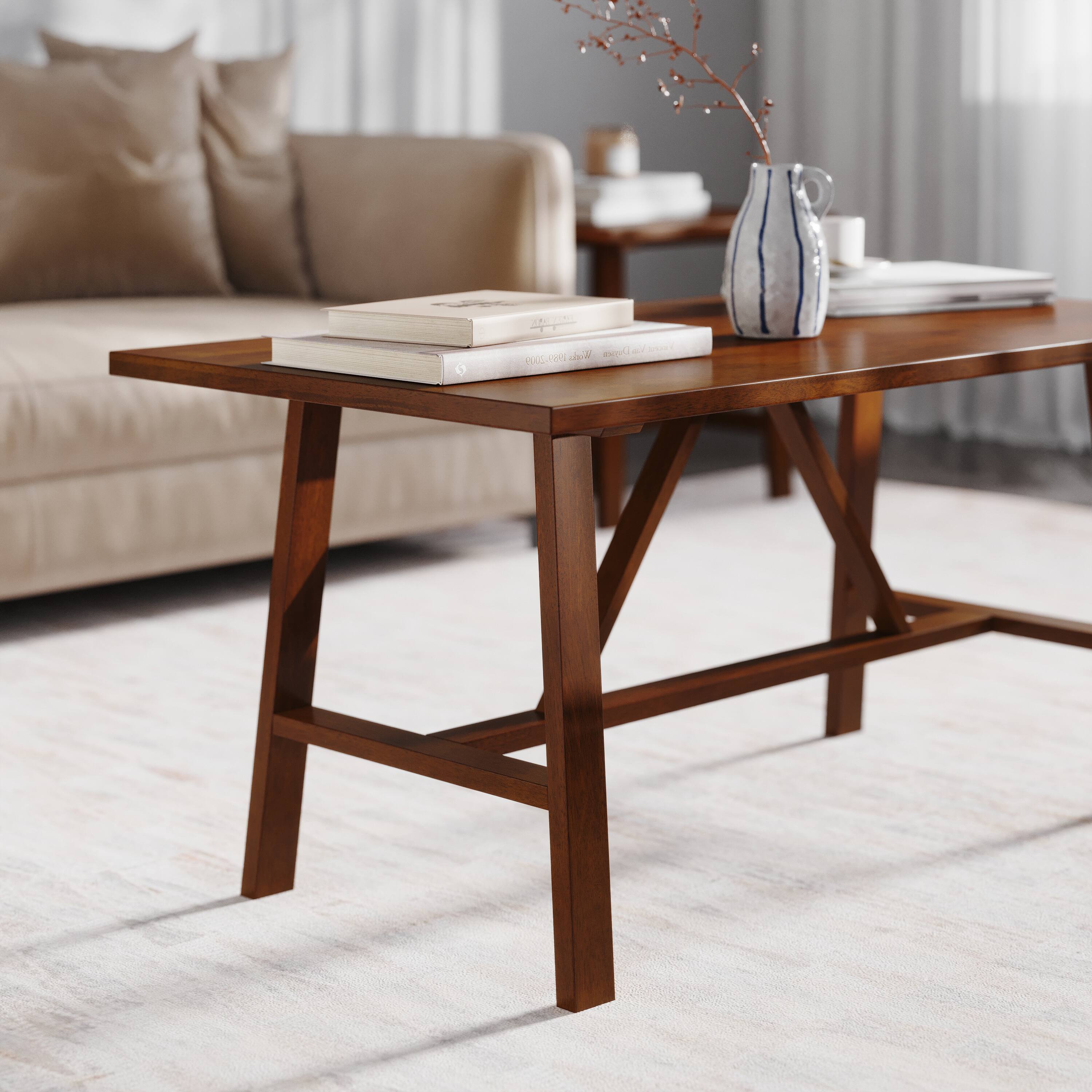 Alt View 3. Emma + Oliver - Saul Solid Wood Farmhouse Trestle Coffee Table - Walnut.