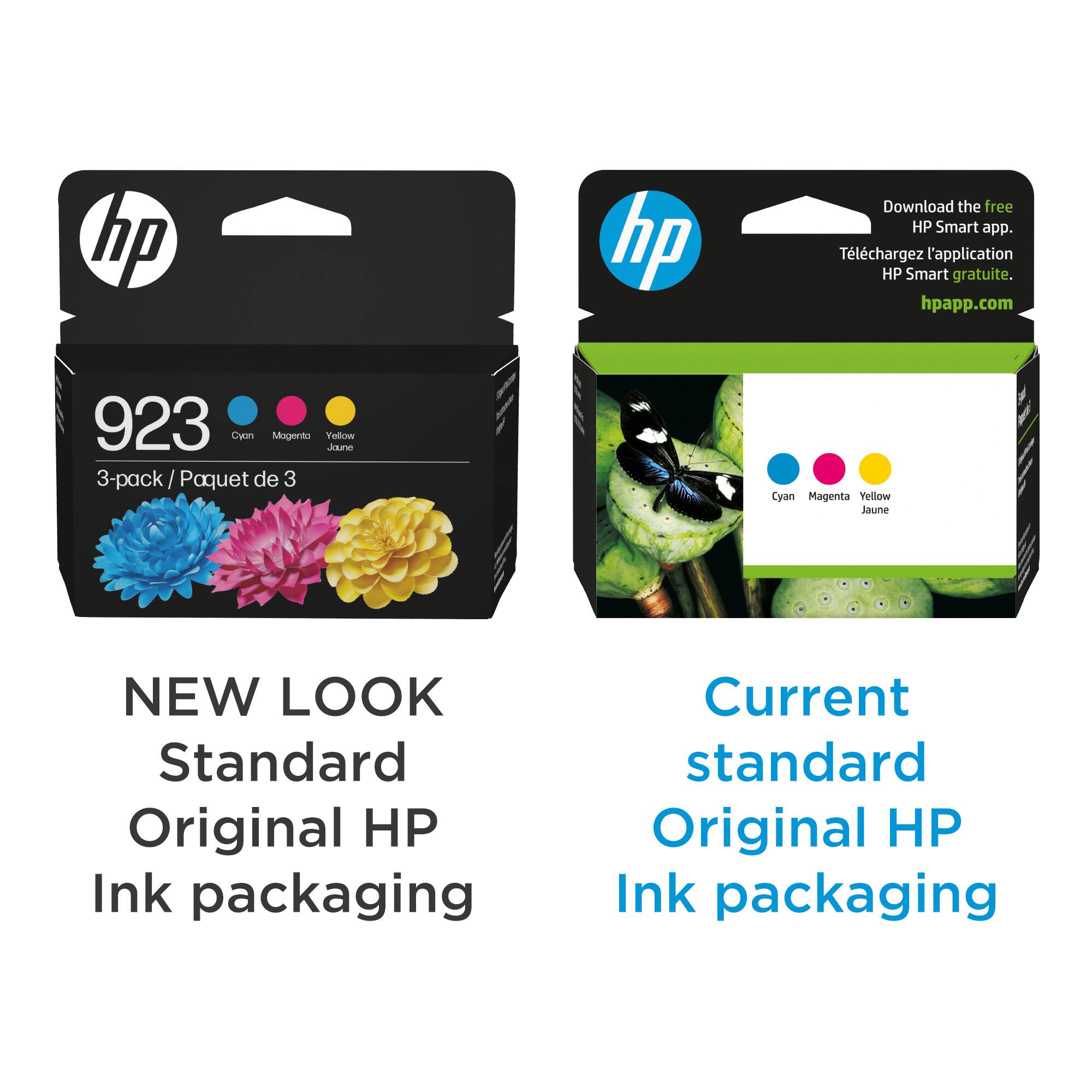 The image shows two boxes of HP ink, with one box labeled "New Look Standard Original HP Ink Packaging" and the other box labeled "Current standard Original HP Ink packaging." The boxes are placed side by side, and the image also features a download link for the HP Smart app.