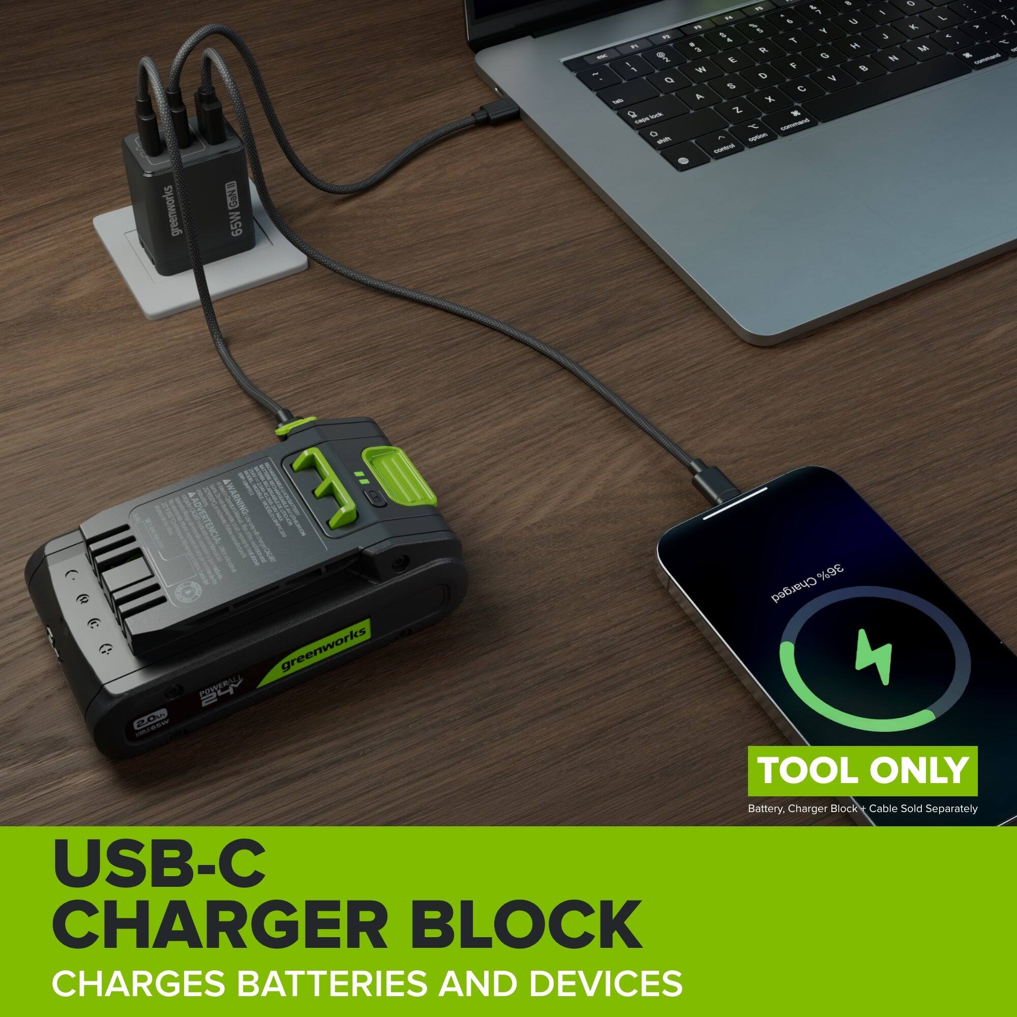 greenworks  
GaN II 65W  
FE - 0 2 I 1 - Q tab a lock 0 som  
4 & 7 " & U FD % 5 Y 5 4 T E H 3 R E G W F B D V S C A x Z command ^ notion control  
0 I K, J M  
%  

7 a  
2.0%  
3 POWERALL greenworks  
36% Charged TOOL ONLY  
USB-C CHARGER BLOCK CHARGES BATTERIES AND DEVICES  
Battery, Charger Block Cable Sold Separately
