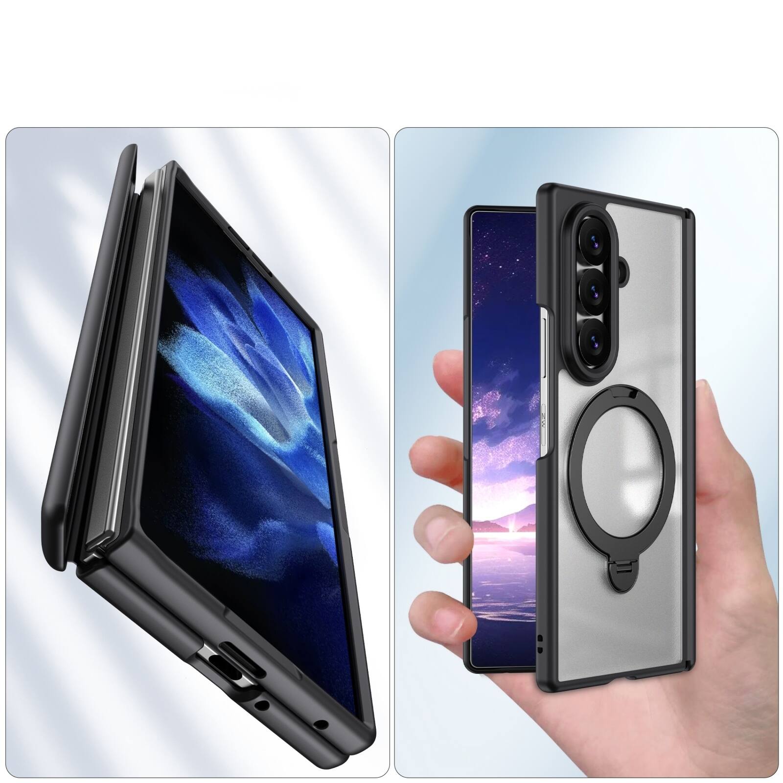 Alt View 1. Dteck - For Samsung Galaxy Z Fold8 Ultra Magnetic Case Built-in Screen Protector,Shockproof Ring Stand Clear Back Hinge Cover - Black.