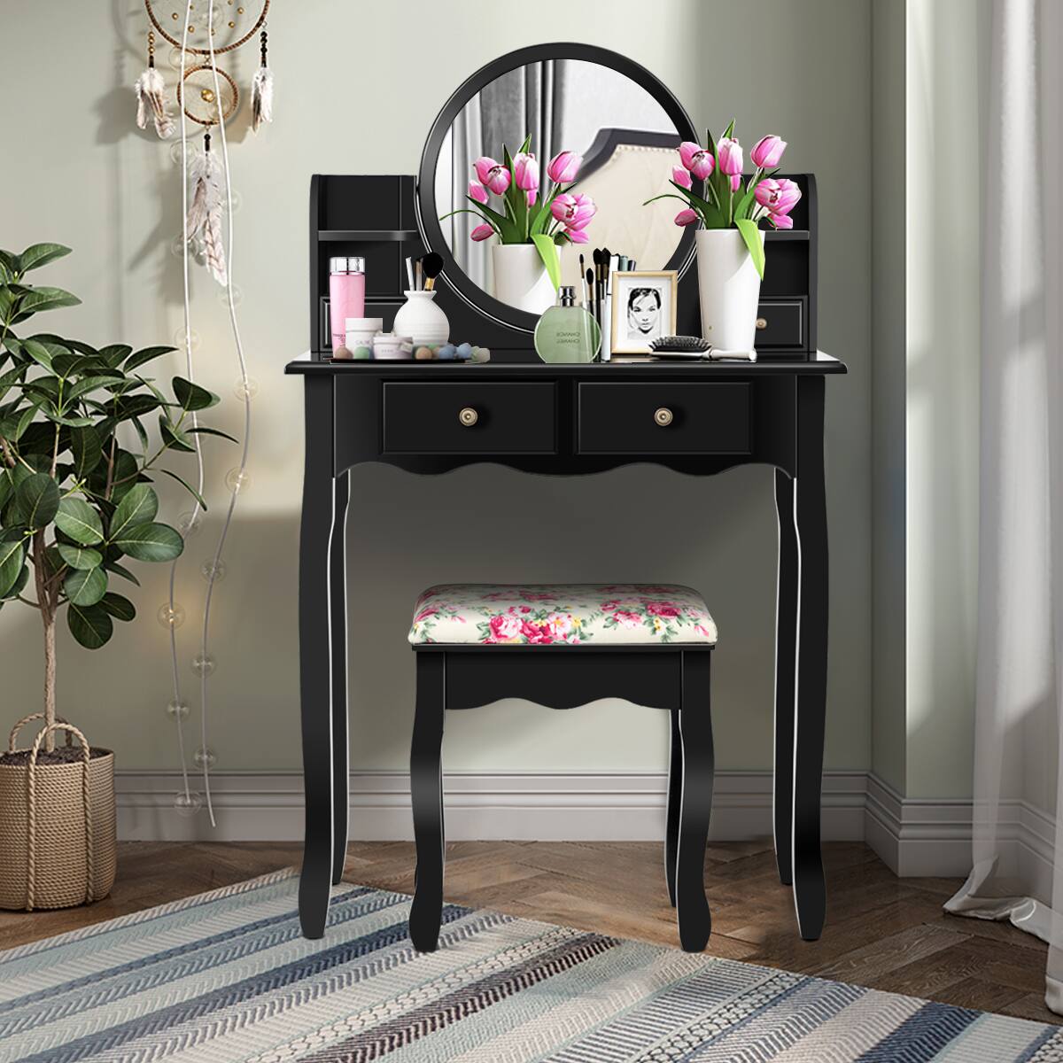 Alt View 1. Costway - Costway Makeup Vanity Table Set Drawers Oval Dressing Table - Black.