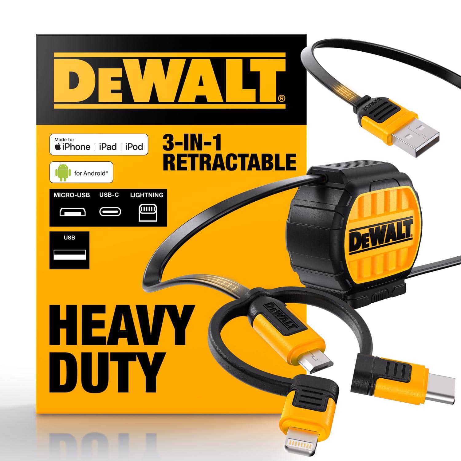 Dewalt - USB to Micro to Type C 3-in-1 Cable 3 ft. Black/Yellow
