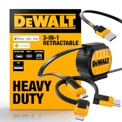 DEWALT KX
Made for iPhone | iPad | iPod
3-IN-1 RETRACTABLE for Android MICRO-USB USB-C LIGHTNING
USB
DEWALT HEAVY DUTY