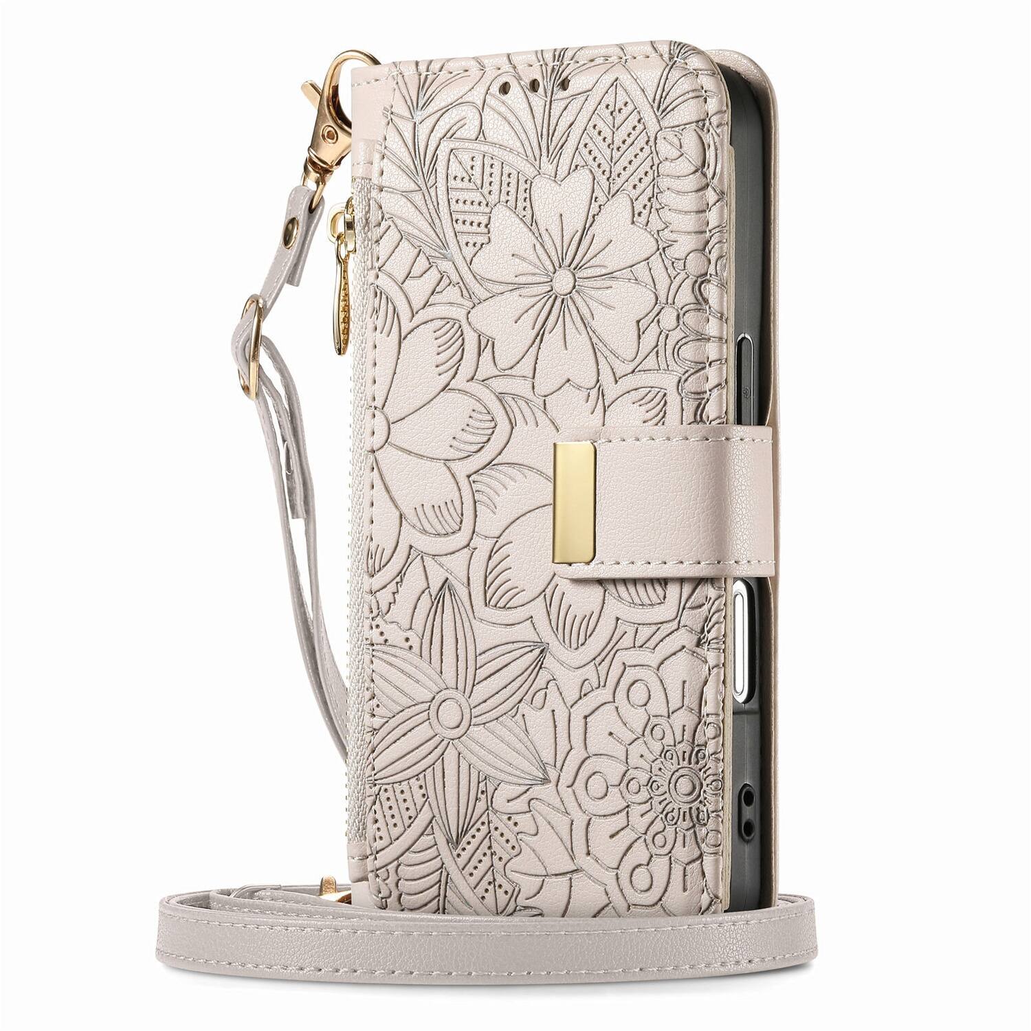 Alt View 5. Dteck - Floral Embossed Leather Zipper Cash Slot Wallet Case for Apple iPhone 16 with Detachable Strap - Beige.