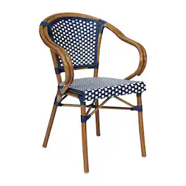 Emma + Oliver - Soie Indoor/Outdoor Stacking Thonet Bistro Style Chair with Arms, PE Rattan Seat and Bamboo Finished Metal Frame - Navy & White/Natural Frame