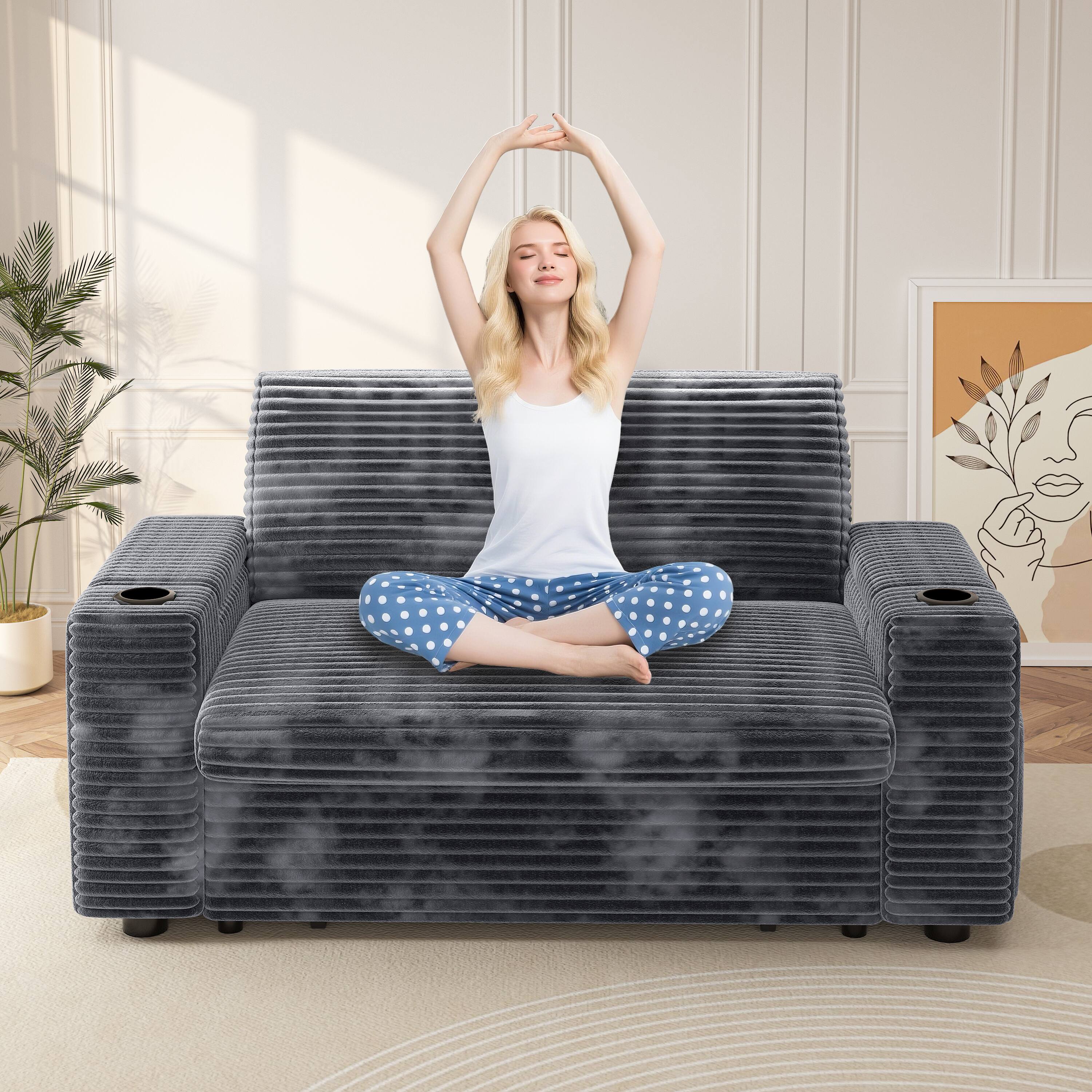 Left. Vipbear - Vipbear 65" Loveseat Sleeper Sofa Pull-Out Bed ,Reclining Backrest, USB Ports, Side Table,Corduroy Gray - Gray.