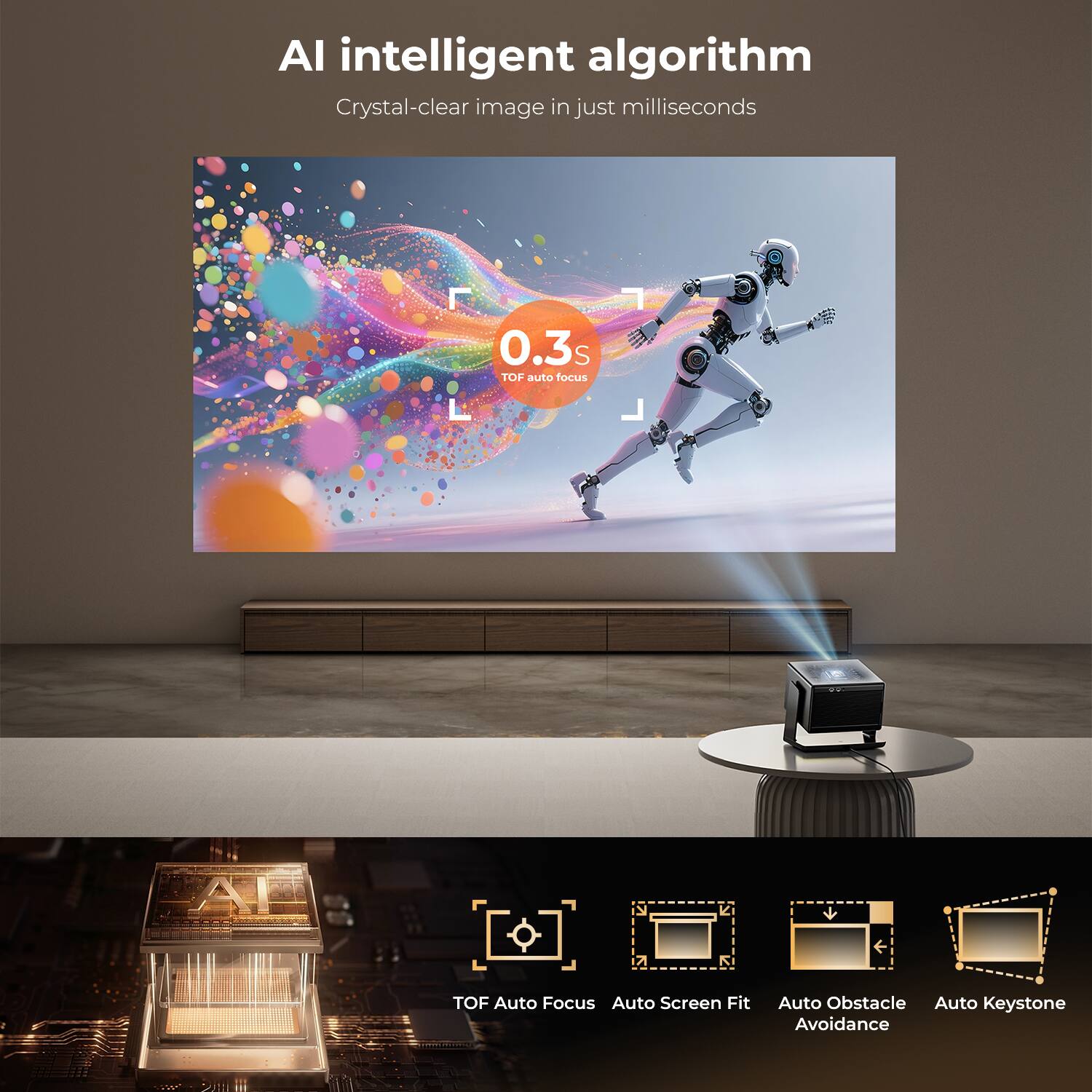 AI intelligent algorithm  
Crystal-clear image in just milliseconds  
0.3s TOF auto focus  
24  
AI  

TOF Auto Focus  
Auto Screen Fit  
Auto Obstacle Avoidance  
Auto Keystone
