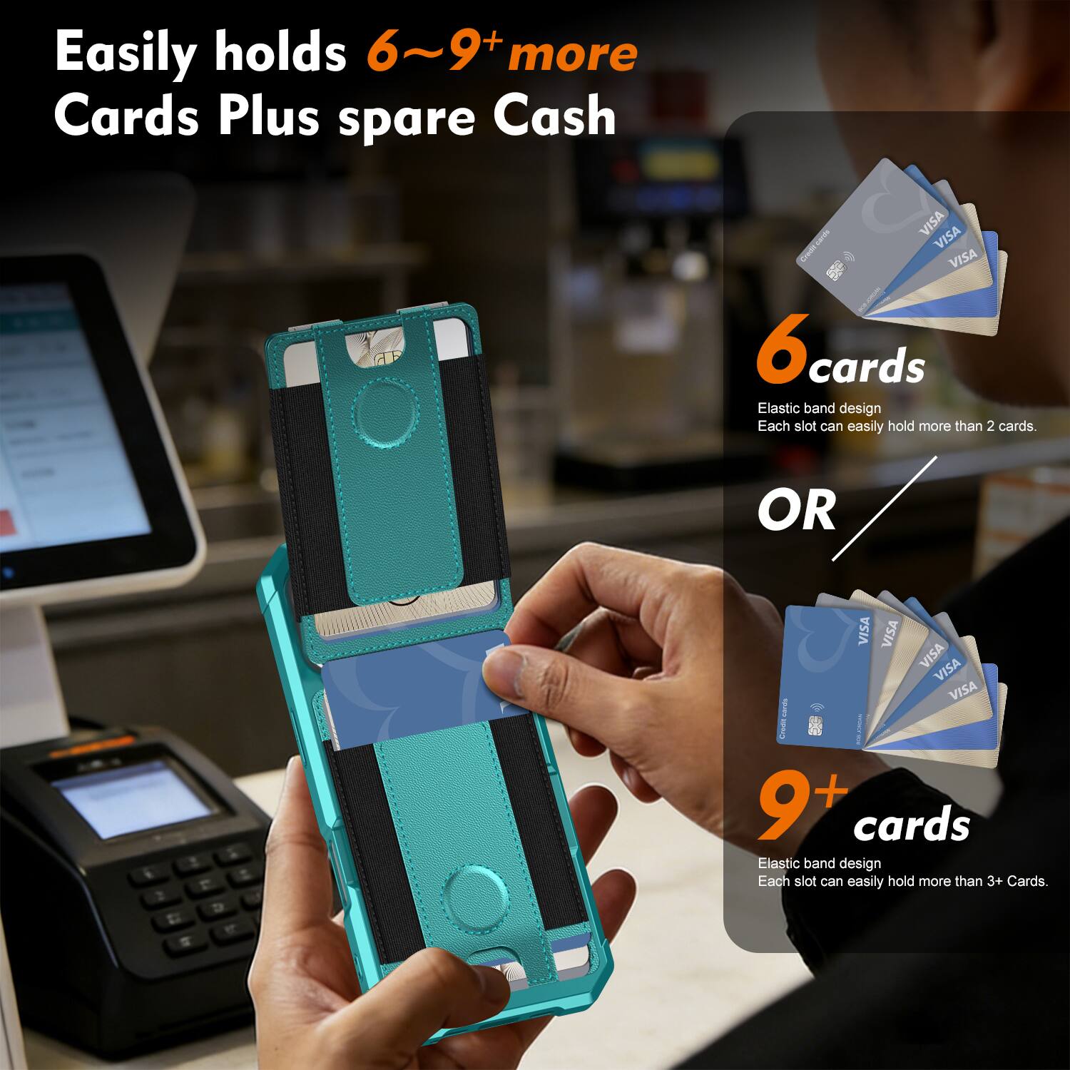 Easily holds 6~9+ more Cards Plus spare Cash

6 cards
Elastic band design
Each slot can easily hold more than 2 cards.

OR

9+ cards
Elastic band design
Each slot can easily hold more than 3+ Cards.