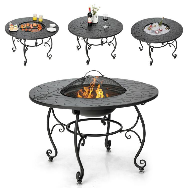 Back. Mondawe - 35.5 Feet Patio Fire Pit Dining Table With Cooking BBQ Grate - Black.