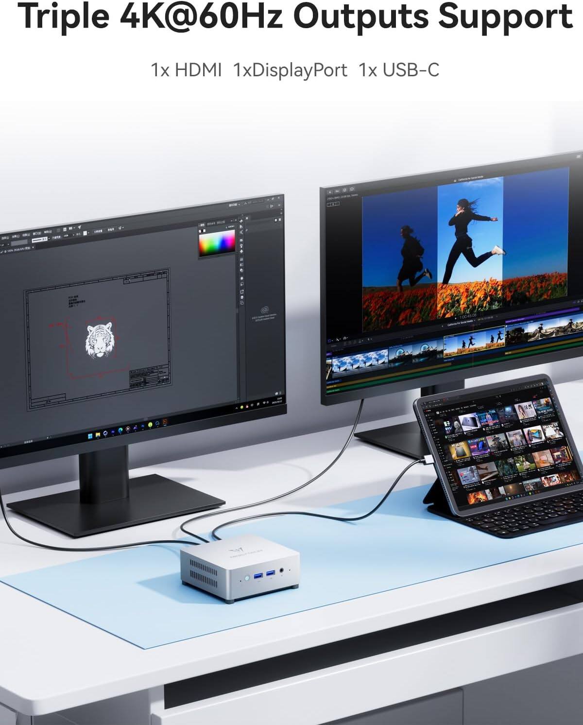 Triple 4K@60Hz Outputs Support  
1x HDMI 1x DisplayPort 1x USB-C